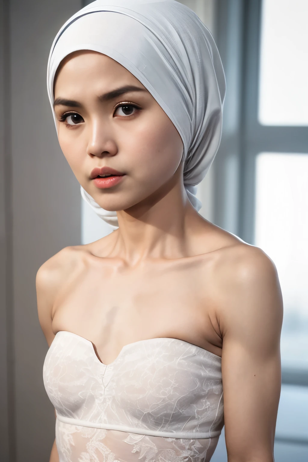 ((SHORT HIJAB)), ((Flat chest:1.7)), (dynamic photograph of a 58 year old Indonesian woman), (slim top, cotton panties), (straight non curly hair), (highly detailed face:1.4), (vascular muscles and abs:1.3), (background inside light, bright, private gym:1.1), (8k, uhd, dslr, high quality, cinematic lighting, bokeh), (dramatic, award winning photography, incredible masterpiece:1.3), (((sexy sultry stare at camera:0.8))), close up, ((she is ready to dominate you:0.5)), ((beautiful feminine face)) (she is a champion MMA fighter), add_detail:1, ((Wearing strapless pastel)) lace white & white , from behind view, seductive pose