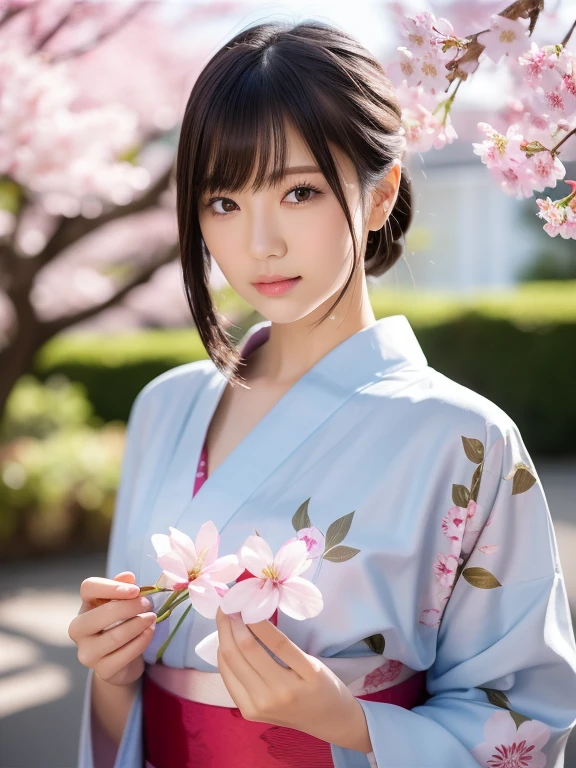 (highest quality:1.5)、(Real:1.5)、(1 person:1.5)、Medium Shot、(Very detailed)、(High resolution)、8k、Normal milk、Natural color lip、Japanese women、24 year old girl、Thin eyebrows、Beautiful and elegant face、Cute face、Arched thin eyebrows、(Large, balanced eyes)、Big Eyes、Fair skin、Beautiful and elegant face、Natural Bangs、Beautiful and thin nose、 Beautiful Skin、Medium Bob Hair、Natural Bangs、Perfect and beautiful facial features、Slim face and figure、(Bright lighting)、Professional Lighting、(Lighting from the front)、Outdoor、Beautiful cleavage、Cherry blossom trees、1 personの少女、Cute and sexy slim 24 year old woman、Fair skin、Cherry blossoms fluttering、(A dreamy look)、(yukata)、(Normal milk)、(Calm pose)、Beautiful Obi、
