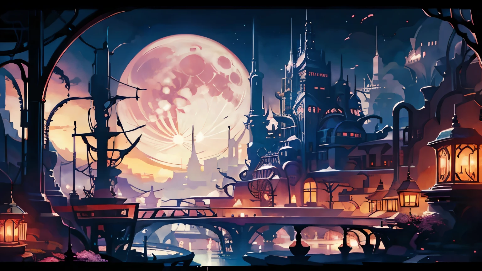 Different world、factory、night、moon、Fantasy anime style