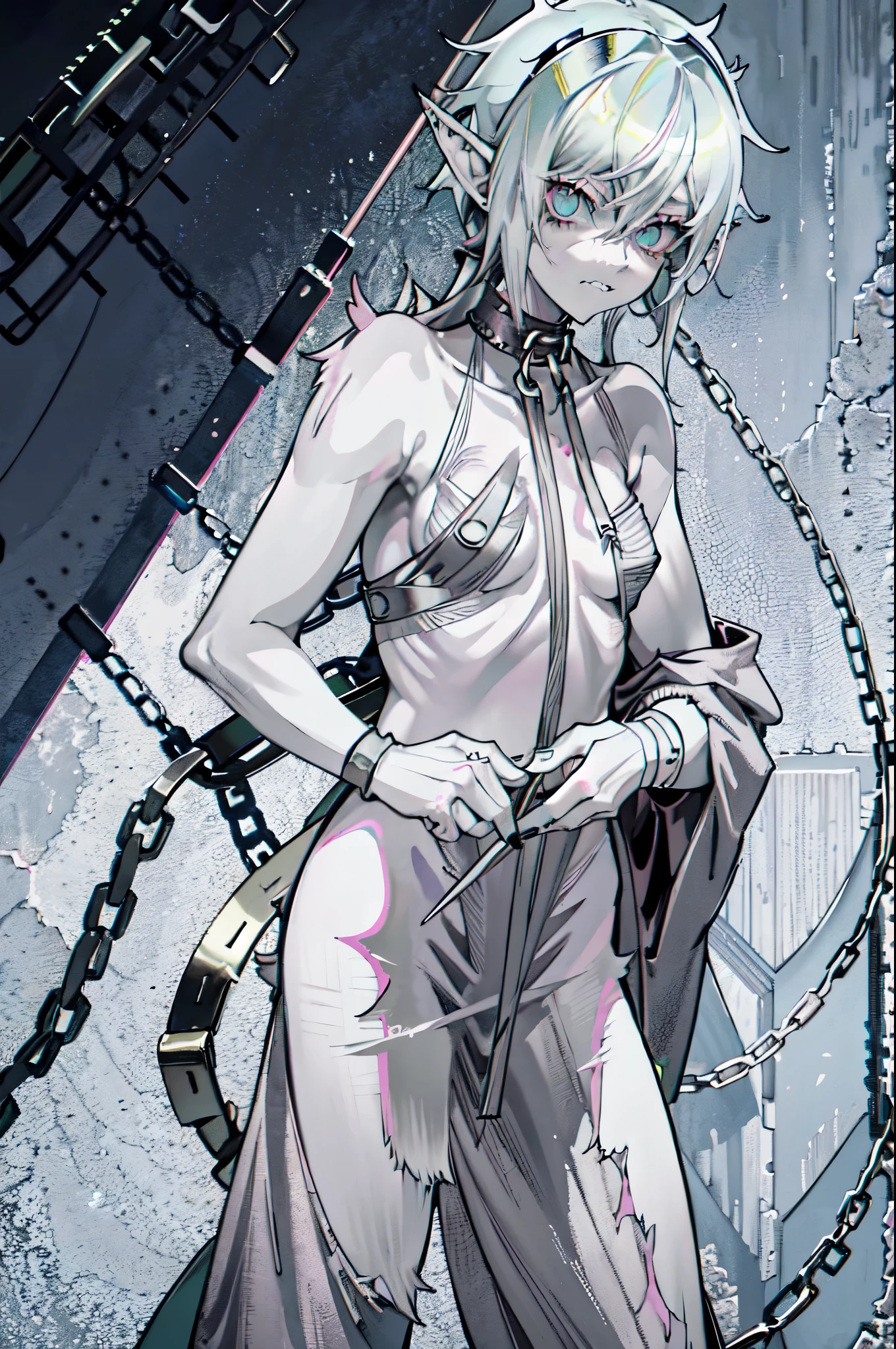 (pale green hair:0.3), collar around neck, chained collar, fullbody, dynamic chain, pink sweatpants, elf ears, grey sleeveless hoodie, bandaged chest, prisoner, raggedy clothing, jagged teeth, androgynous female, (1girl:1.3), varied colors, pleasing palette, (sfw:2), malnourished weak