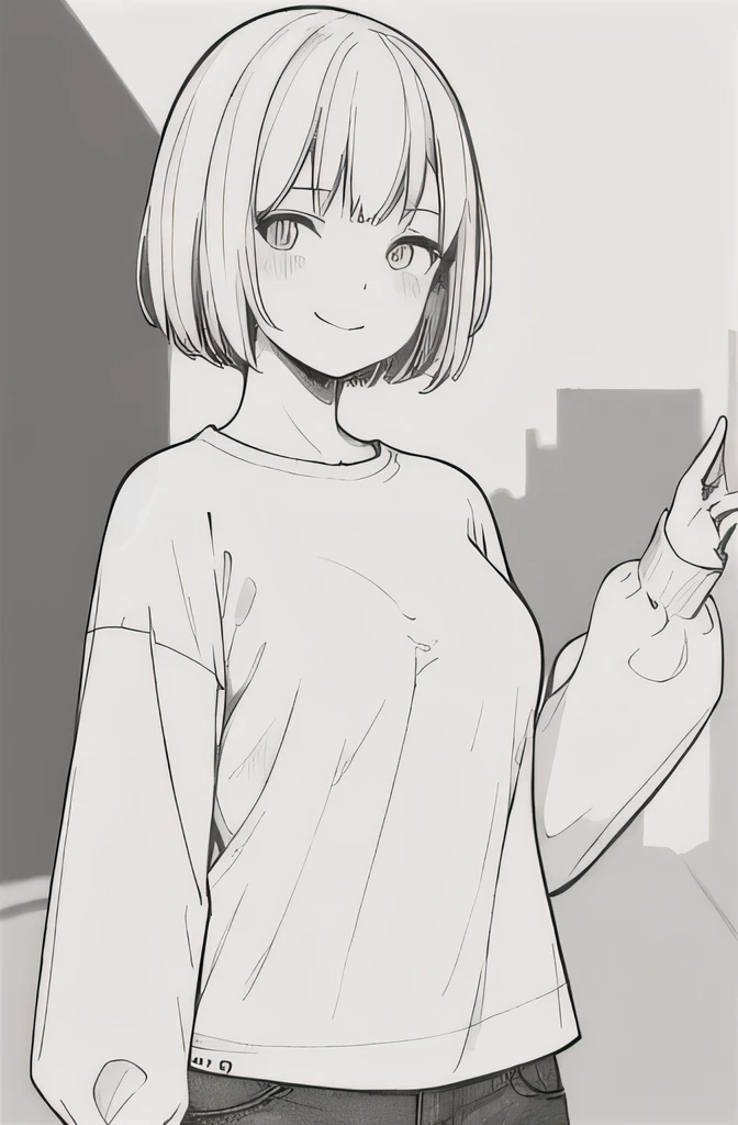 masterpiece, best quality, 1girl, 16 y.o girl, shorthair, breasts, cute eyes, white oversized t-shirt with long sleeves, white capelet, short hot pants, smile, facing front, looking at viewer, outdoors, line-drawing, monochrome, simple background 