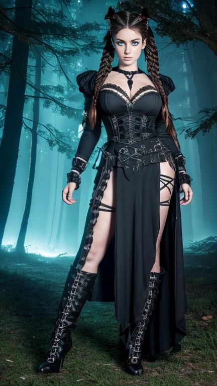 High-resolution ultra detailed photography, A European woman with long legs and a curvy feminine body shape, hairstyle should consist of braided pigtails, European woman with bright eyes, face and body depicted realistically and in ultra detail, model pose full body and with wolf, clothing ultra detailed gothic dress with slit on the sides and steampunk elements and high heel boots, photo background of night forest with bioluminescent plants in a dark mood, Model with a big wolf