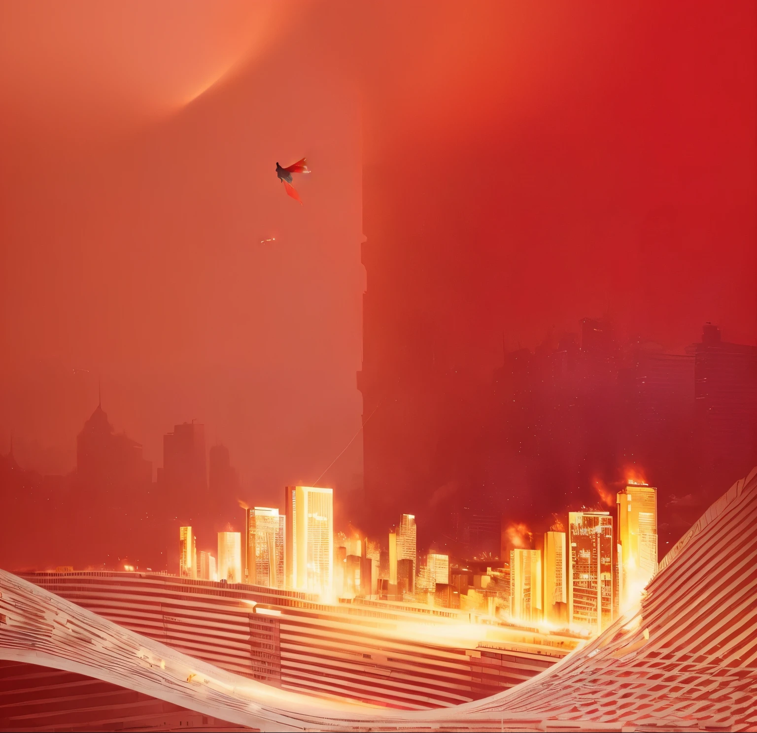 There is a man flying a kite in the sky, City fire background, City background, burning City background, City background, City background, surreal Cityscape background, red mood in background, night - time City background, megaCity background, Cityscape background, golden cityscape, night time City background, Business Banner, Red background, urban City background