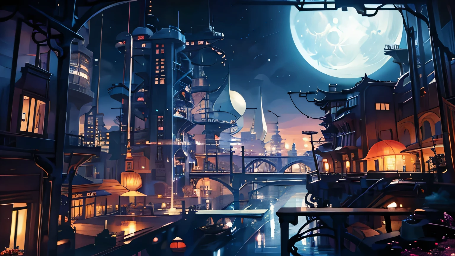 Different world、City of night、factory、moon、Blue Hair Girl、one person、highest quality、masterpiece