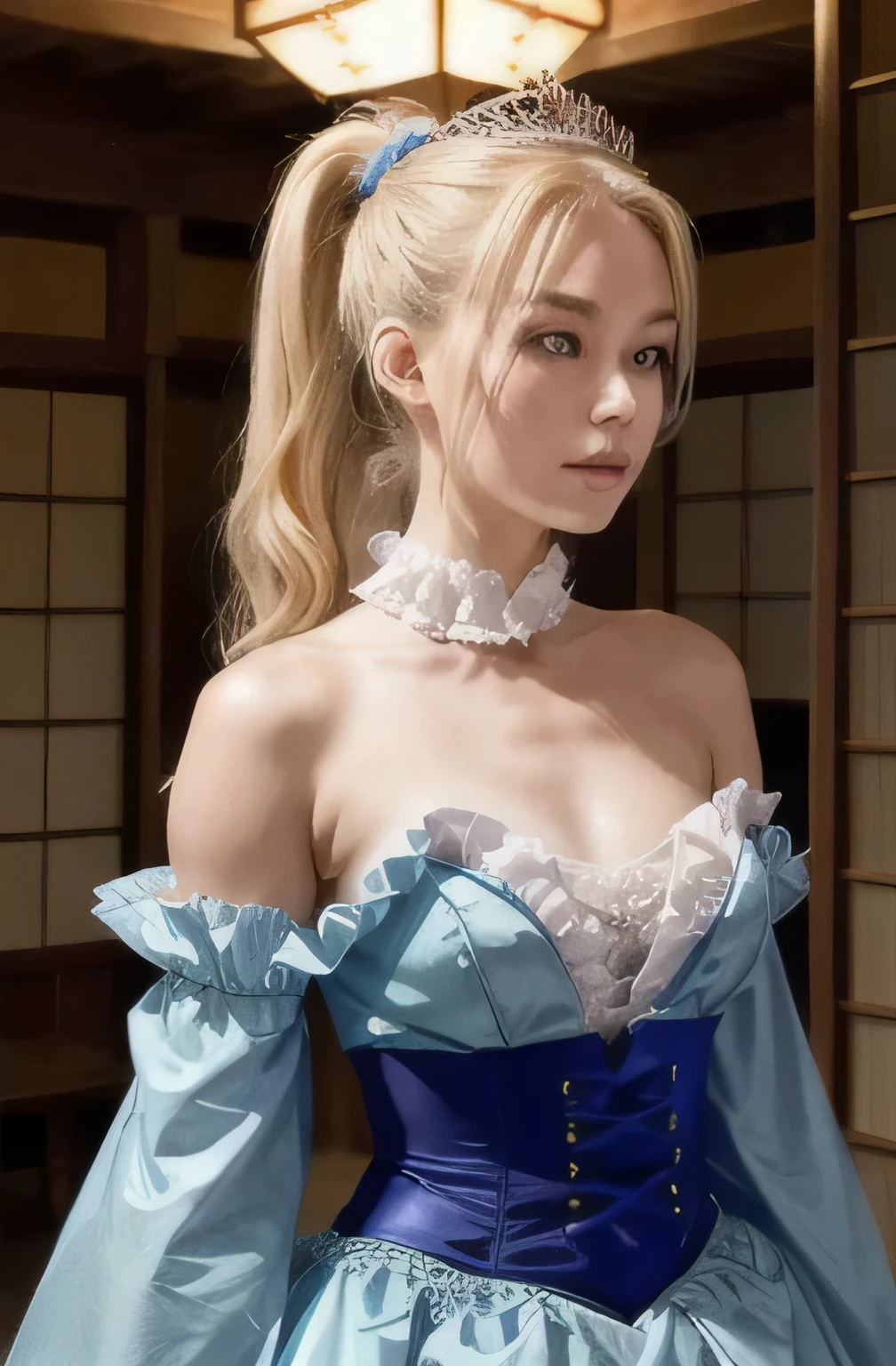 Very detailed, Ambient soft lighting, , indoor, Enescence, Vintage,Japanese 1 grill, alone, Are standing, Upper Body, Blonde, Long Hair, Long side locks,High Ponytail,View your viewers,  tiara, Crown,  Strapless Blue Frill Fress, Long ruffled skirt, Long sleeve