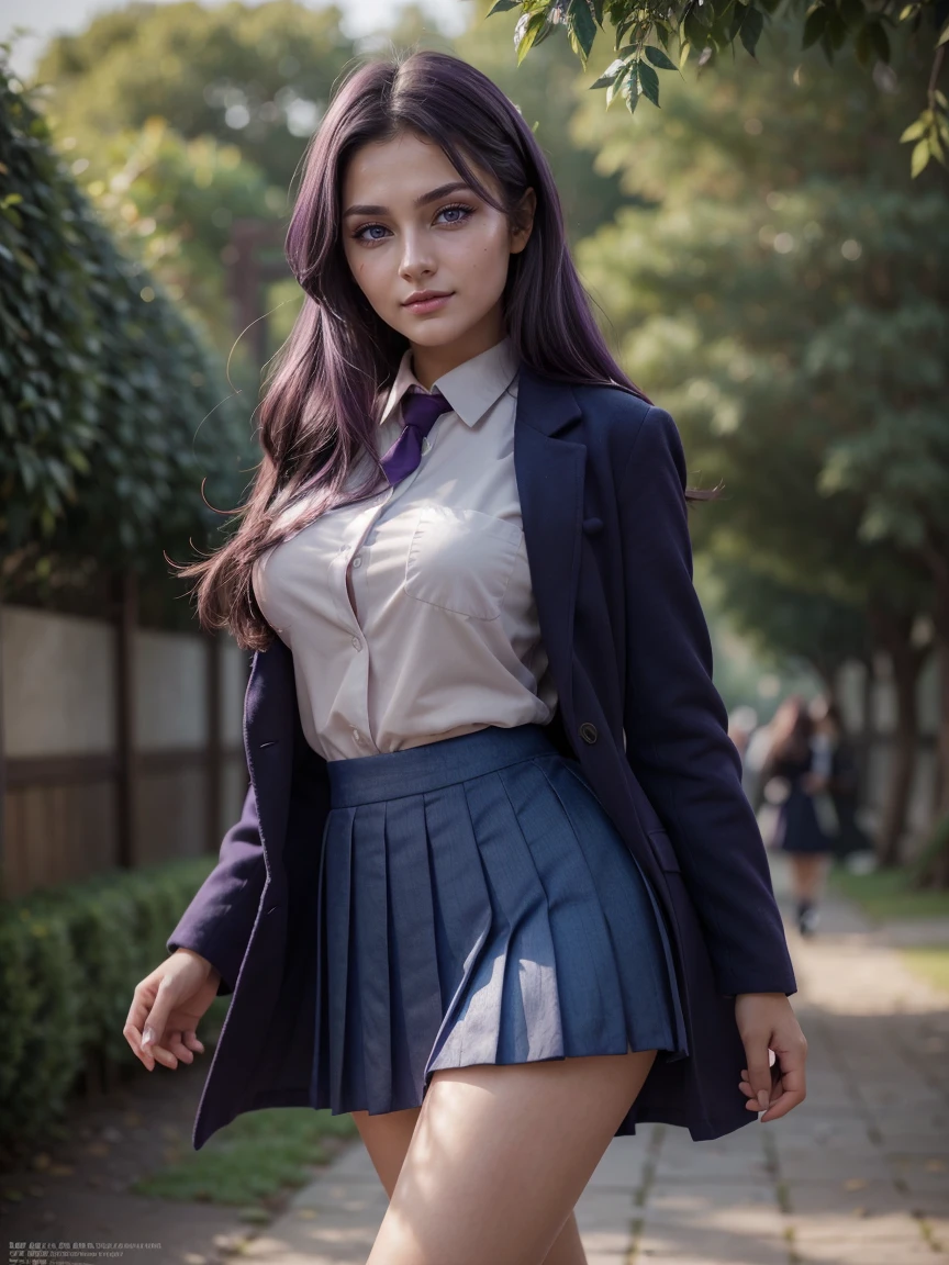 (1 lady), (Best quality at best:1.4), (ultra - detailed), (extremely detailed CG unified 16k), A Beautiful Woman with Perfect Figure: 1.4, Sharp Focus: 1.2, very detailed, High-definition RAW color photo, professional photoshooting, amazing face and eyes, cosmetics, (amazingly beautiful girl), ((kotomi)), ((scho0l uniform, blue pleated skirt, hikarizaka shirt, veige coat)), standing, sexyposture，outside high scho0l, tree, nature, (look from down), realistic cinematic face, head to feet long wide zoomed out view, full body long view, photorealistic, ((realistic natural purple hair style, purple eyes)), gorgeous, extremely beautiful face, perfect model beauty, pout mouth, Highly Detailed Face and Skin Texture, Detailed Eyes, Double Eyelids, Medium Breasts, Smile, flirting smile, laughing hard, cleavages, western, (masterpiece), best quality, high resolution, extremely detailed, blurred background, depth of field, cinematic lighting, amazing legs, high heels, clear and well-cared skin, hdr