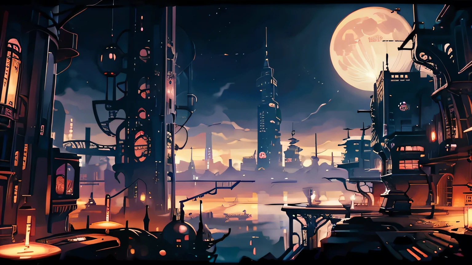 Different world、City of night、Industrial city、moon、girl、Fantasy anime style