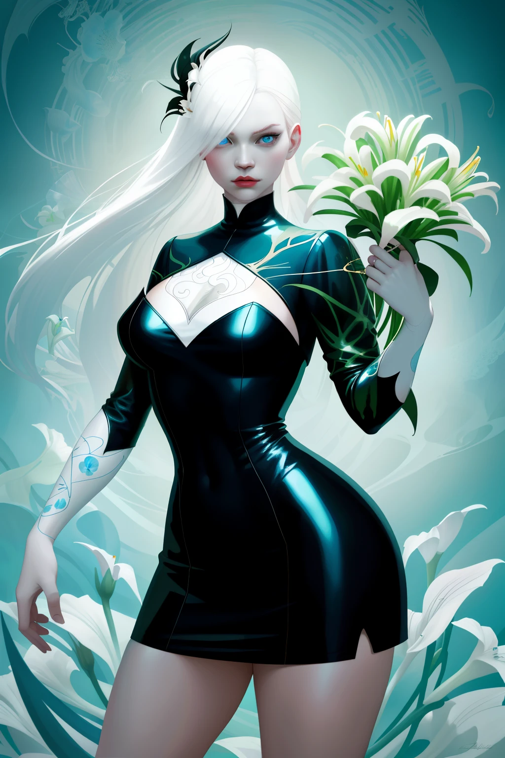 Portrait of a curvaceous female albino vampire, holding a bouquet of lilies with blue eyes, dressed in a glossy PVC miniskirt. this captivating image brings together the artistic styles of James Jean and Wlop, as well as Jen Bartel, Beeple, and James Jean, JC Leyendecker, and Sachin Teng. Sachin Teng's intricate details and James Jean's soft light come together to create a 4k masterpiece in the vein of Guweiz.
(curvaceous female albino vampire,blue eyes,lilies,glossy PVC miniskirt,J