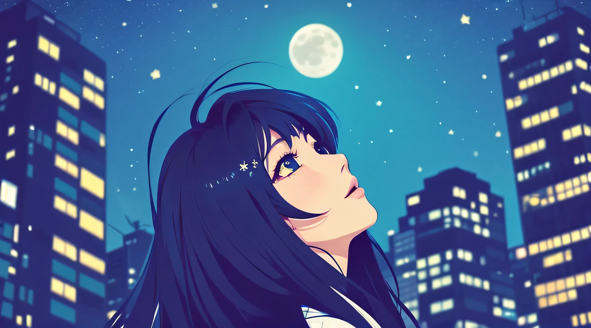 Future City、Full moon night、A stylish woman with long hair is looking up at the sky。Anime character style。In the style of illustrations。