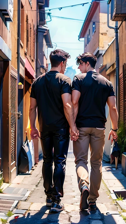 (absurdres, highres, ultra detailed), masterpiece, best quality, two man put his arm around his shoulder, handsome, black hair, brown hair, casual clothes, background is back alley, best light and shadow, from behind, look back