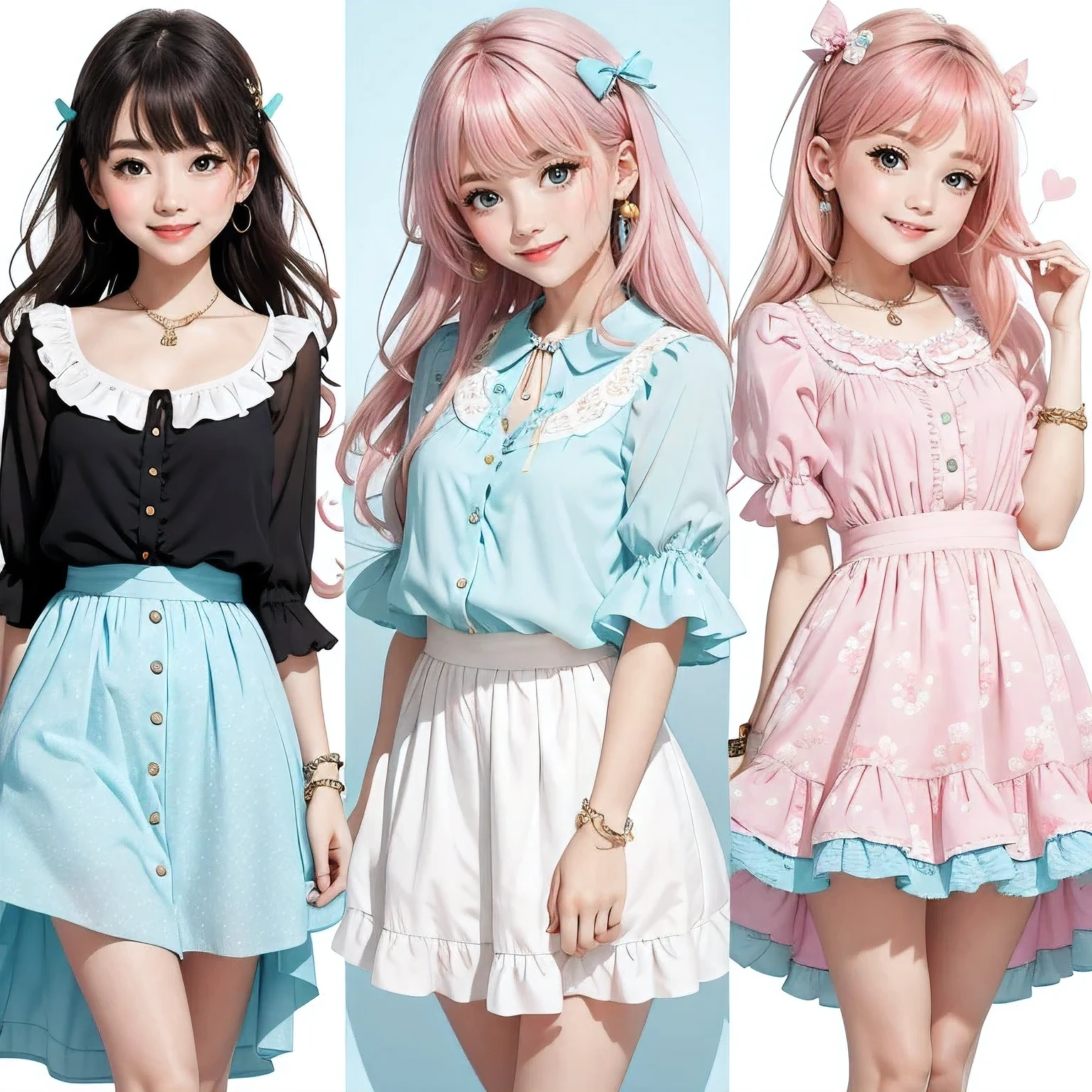 highest quality、High resolution、detailed background、I&#39;m visiting an amusement park or theme park.、(Three beautiful 20 year old women:1.5)、black hair braided twin tails、
Peter Pan collar blouse、The Peter Pan collar blouse has a girly feel and can be worn cutely with casual bottoms.、If you want to create a feminine atmosphere, a flared skirt is recommended.、Show off your cuteness by choosing a patterned or embroidered skirt、
Depending on the season, open-toe sandals and flat shoes are also fashionable options.、
Choose items with bright colors or ribbon or ruffle details.、
Add cute hair accessories such as hair bands or ribbon hair clips to make the whole look even cuter.、
Adding a necklace or bracelet with a simple design will tighten up your outfit.、It is a good idea to choose unique accessories such as pastel colors or ones with charms.、
emphasize the chest、emphasize cleavage、laughing playfully、smile、sexual expression、cute
