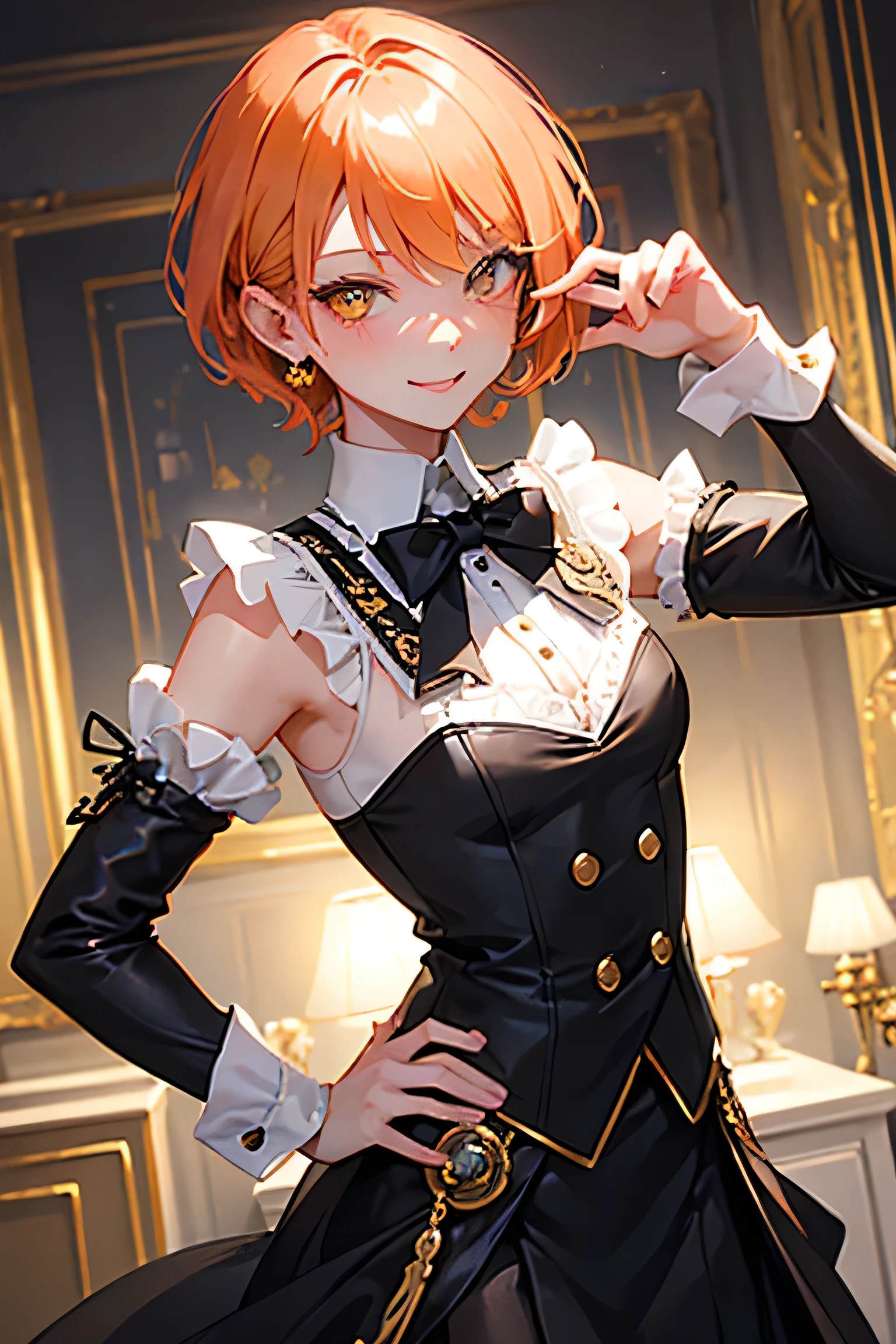 masterpiece, highest quality, so beautiful、Latest、girl, Orange Hair, short hair, Golden eyes with an eyepatch、Wicked Smile、Wicked Smile,Shining Eyes、Super cool adult woman in monochrome British aristocrat fantasy costume、Bold Pose、Open your hands、dance、Decoration、Nice、Chuunibyou is cool、Be confident々、steampunk、Black Butler、Sebastian Michaelis