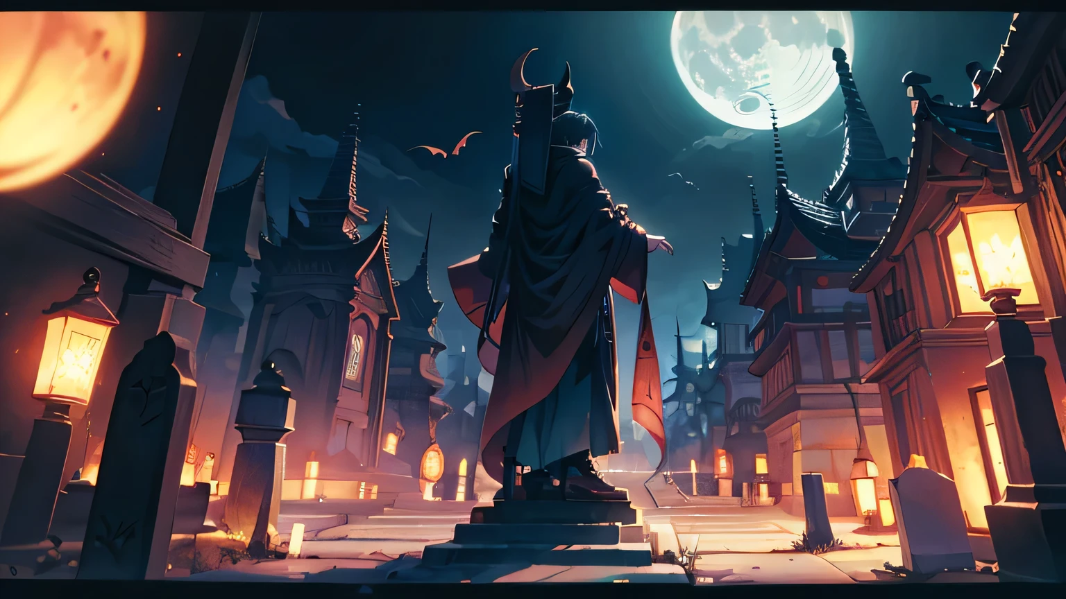 Different world、Cemetery、night、moon、Bat、Fantasy anime style