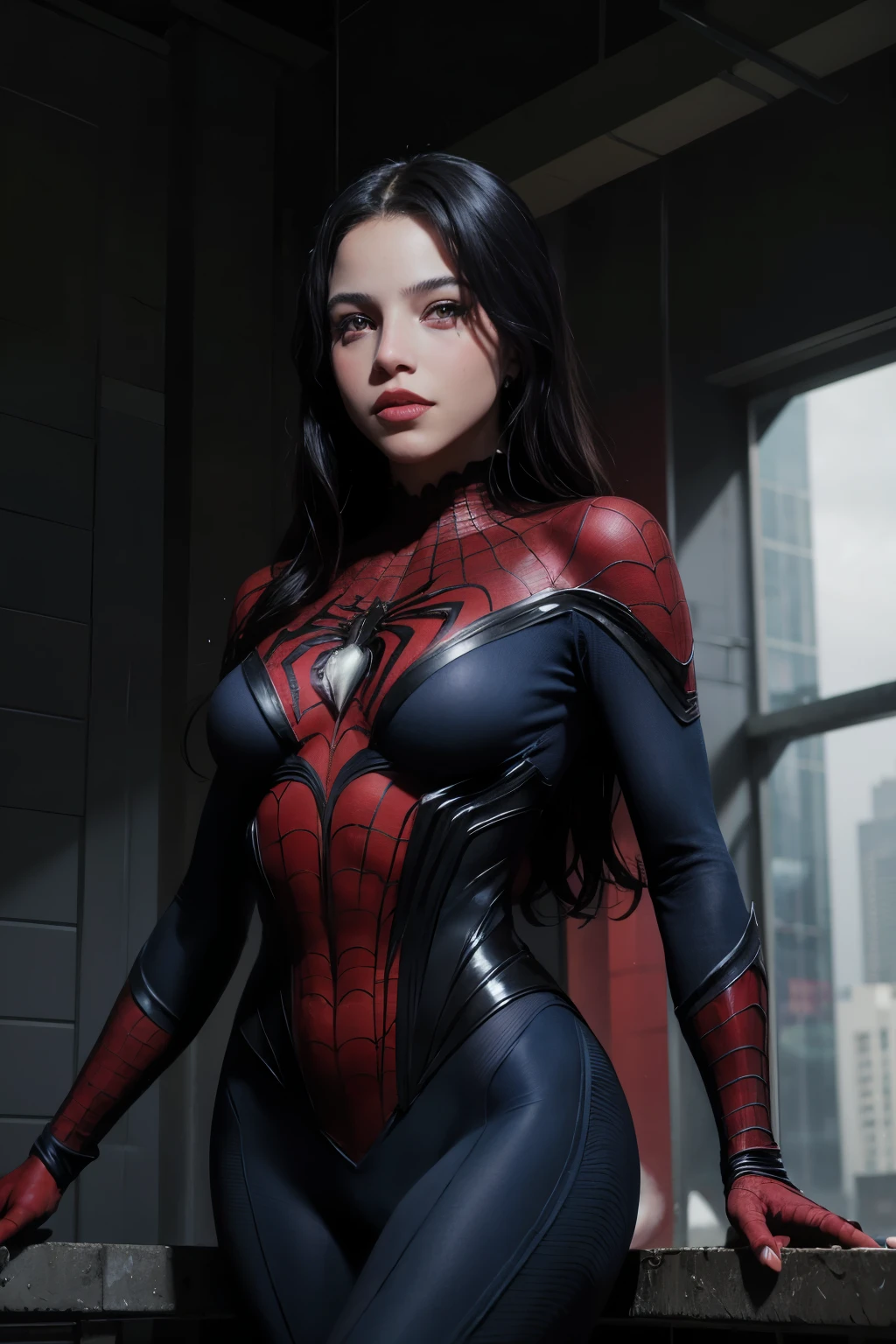 traje azul y rojo de spider man. emilia mernes en metropolis, de noche. en un super edificio alto, con traje de super heroe, spider woman
