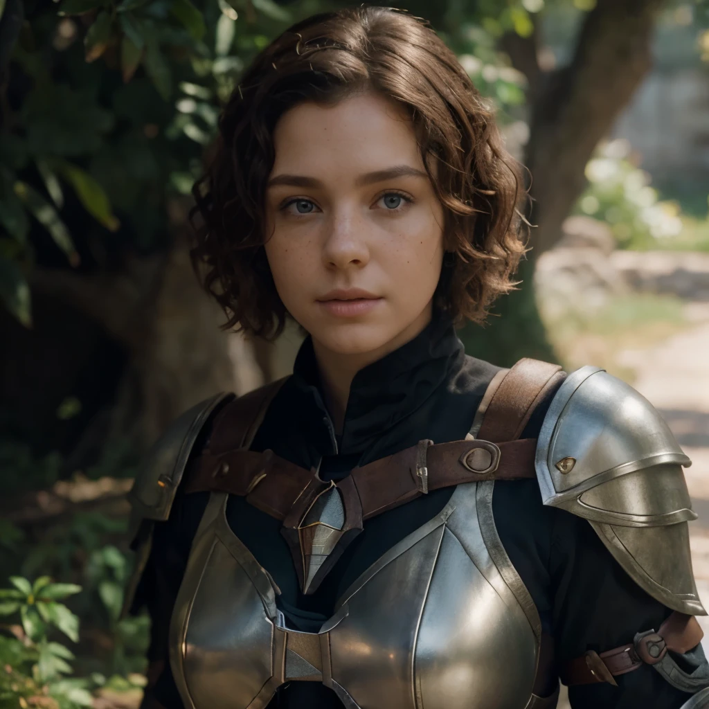 stunningly beautiful adult halfling girl, brunette short curly hair, many freckles, elden ring, full body portrait, sharp lense, professional photography, 70mm lense, detail love, good quality, unreal engine 5, wallpaper, colorful, highly detailed, 8k, soft light, photo realistic