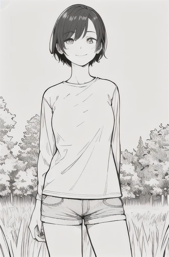 masterpiece, best quality, 1girl, 16 y.o girl, shorthair, breasts, cute eyes, white oversized t-shirt with long sleeves, short hot pants, smile, forest, grass, facing front, looking at viewer, outdoors, line-drawing, monochrome, simple background