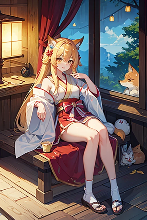 highest quality, masterpiece,cute,Fox,yellow,Shrine maiden