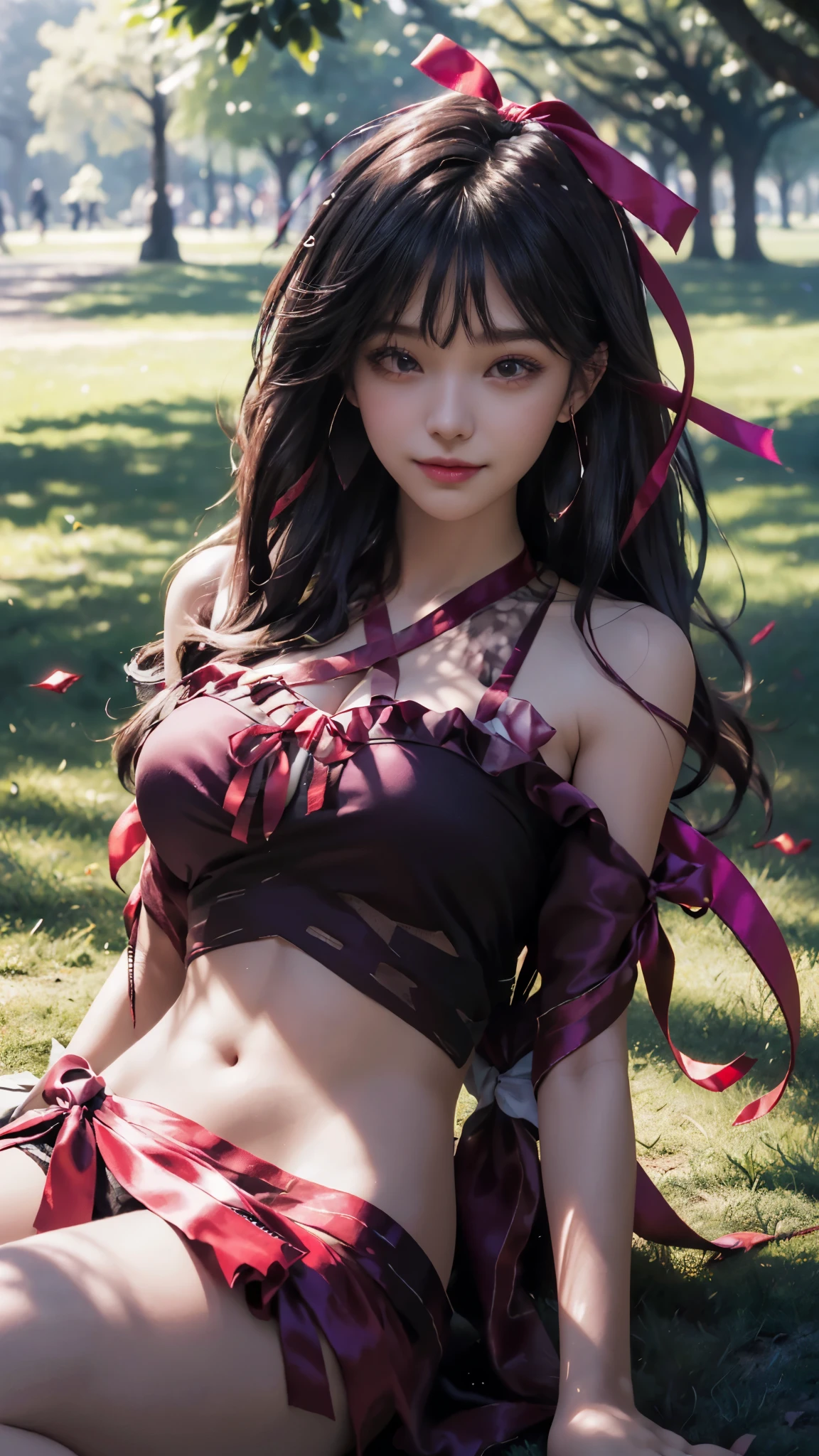 (ultra-realistic realism), (illustratio), (A high resolution), (8K), (The is very detailed), (Best Illustration), (Beautifully detailed eyes), (top-quality), (ultra - detailed), (tmasterpiece), (HD Color), 1 girl, ((24 years old girl)), ((glosy skin)), (A detailed face), solo, 1 girl in, looking at viewert, finedetail, A detailed face, in the darkness nigth, deep shading, low tune, pureerosfaceace_V1, A smile, red shawl ,straight hair, 46-point diagonal bangs, (beautiful stomach, strips), (shiningribbon:1.5), (cropped shoulders), (in the park:1.5), lake, ((lie down)),