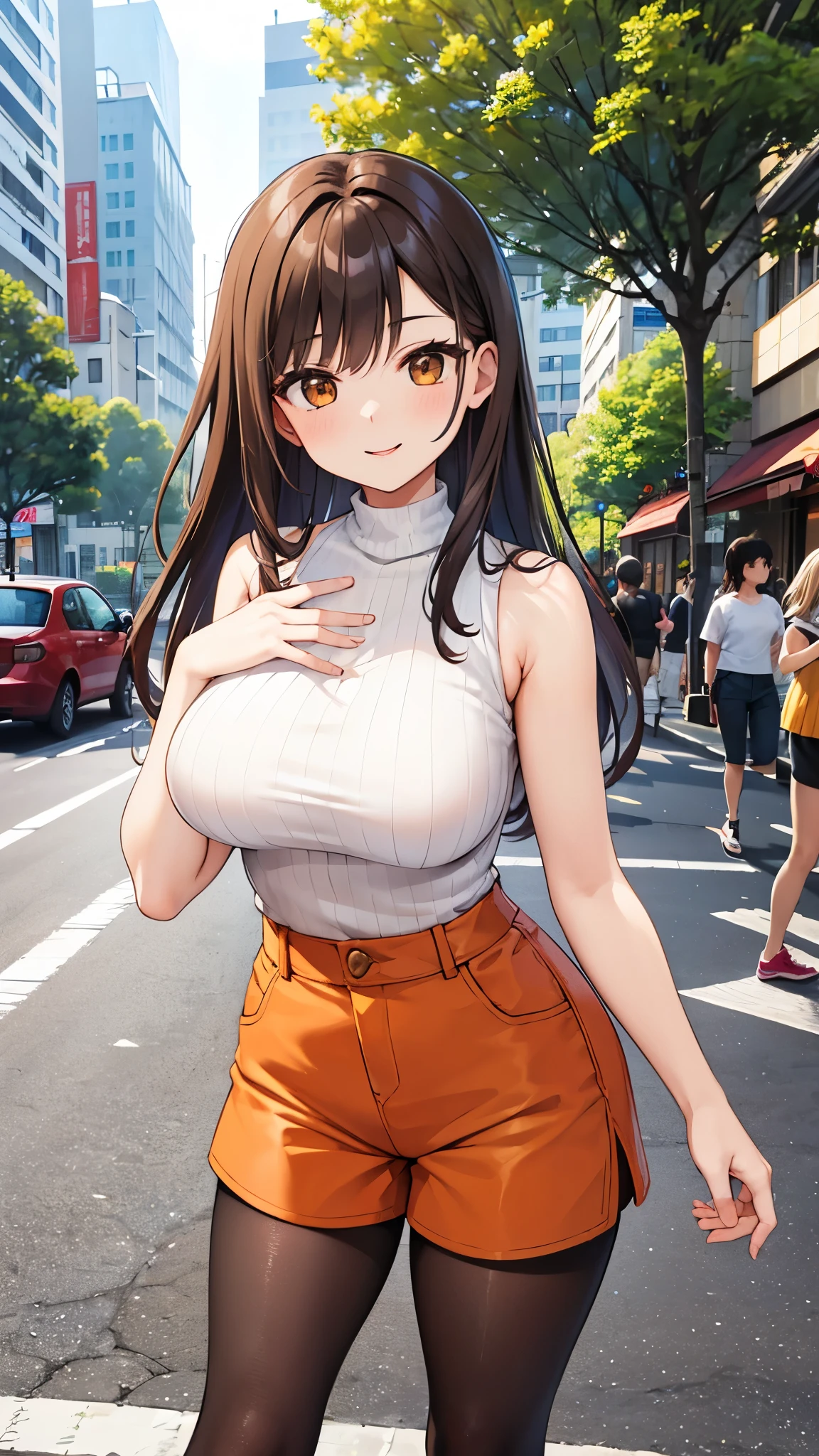 highest quality、Complete limbs、Full Finger、Beautiful woman、Beautiful busty mature woman、Woman with straight hair、Brown haired woman、Orange high neck sleeveless knit top、White shorts、Black Pantyhose、Big smile、street tree、Shibuya Ward