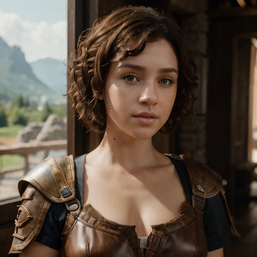 stunningly beautiful adult halfling girl, brunette short curly hair, many freckles, elden ring, full body portrait, sharp lense, professional photography, 70mm lense, detail love, good quality, unreal engine 5, wallpaper, colorful, highly detailed, 8k, soft light, photo realistic