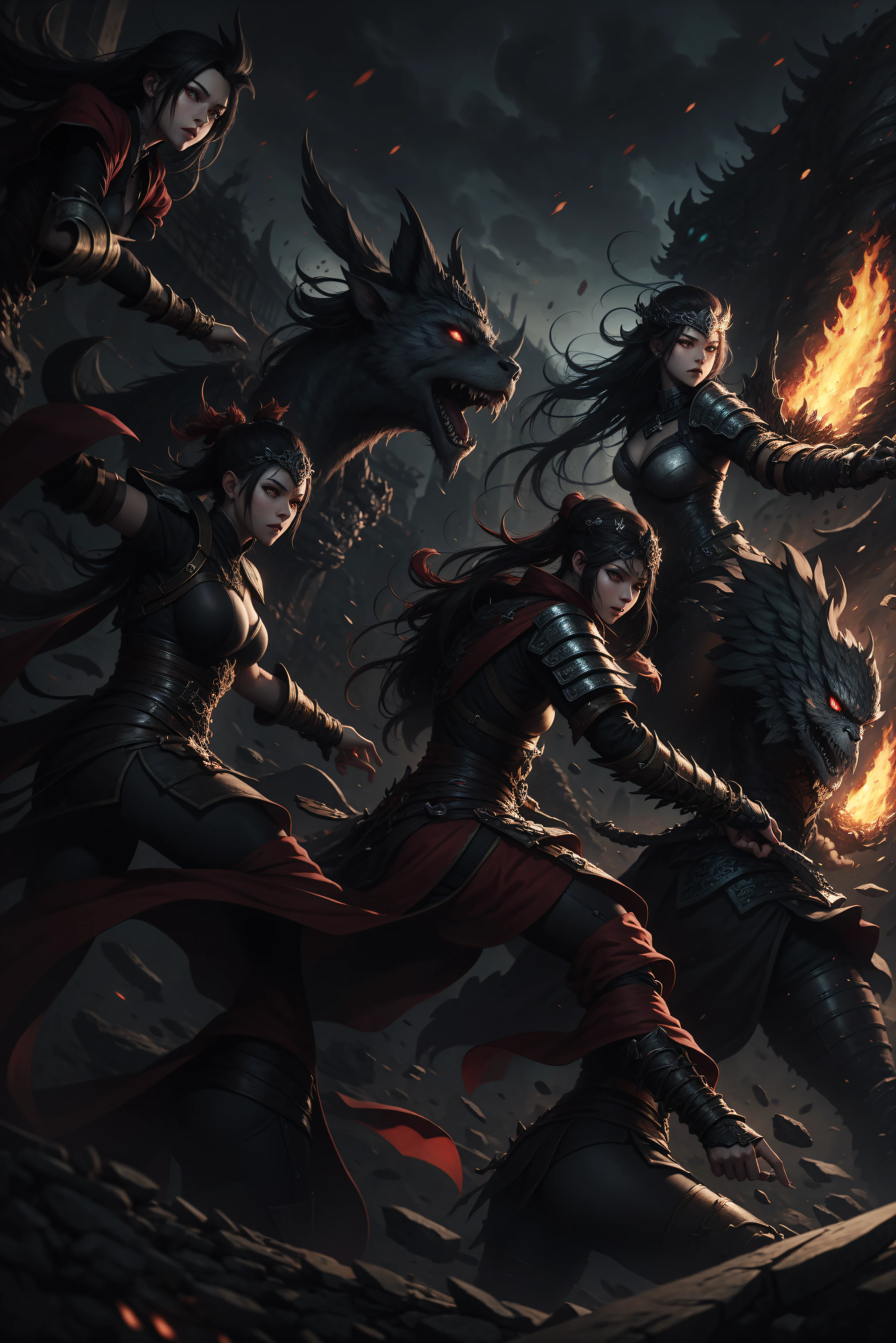 Title: Cover Art for "O Clã: Reino das Sombras"

Description:
"Create a dramatic and captivating cover art for the anime titled 'O Clã: Reino das Sombras.' The cover should feature the following elements:

Central Focus: A powerful and imposing figure representing the leader of the Dragon Clan, Kaida, in her intricately detailed battle attire with dragon symbols. She should be in a commanding pose, exuding strength and authority.

Background: The background should depict a dark and mysterious realm with a dramatic and stormy sky. Include elements of shadowy landscapes and towering mountains to reflect the 'Reino das Sombras' theme.

Supporting Characters: Surround Kaida with key members of the Dragon Clan in dynamic action poses. Show a few warriors in battle-ready stances, with one wielding a spear, another swinging a sword, and an archer ready to shoot.

Title Text: At the top or bottom of the cover, prominently display the title "O Clã: Reino das Sombras" in bold, stylized font that fits the fantasy theme. The text should be ornate and dramatic, perhaps incorporating dragon motifs or shadow effects.

Atmosphere: The overall atmosphere should be epic and intense, with high contrast between light and shadow to emphasize the conflict and grandeur of the story.

Color Scheme: Use a color palette with dark tones, such as deep blues, purples, and blacks, accented by fiery reds and golds to highlight the central figure and important elements."