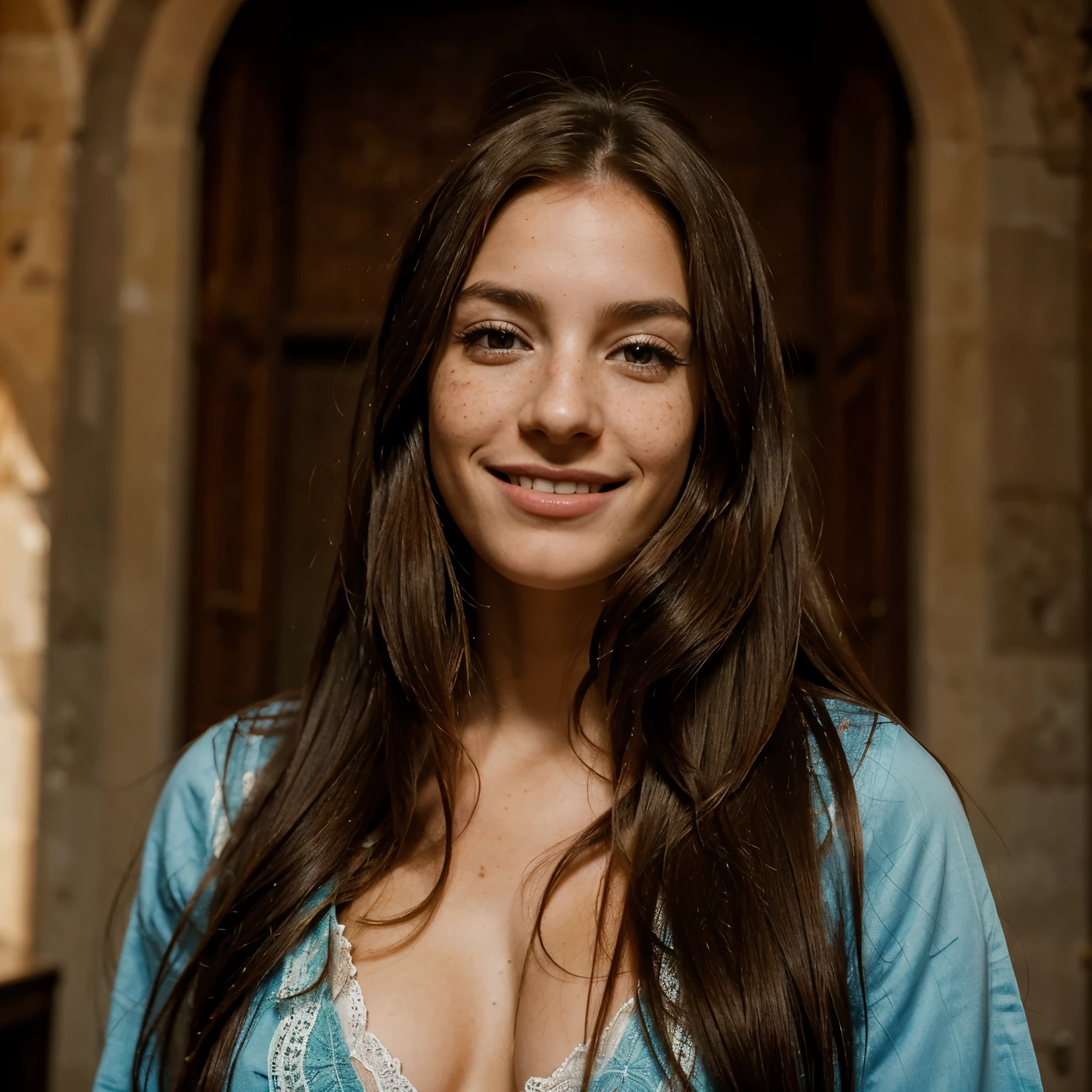 Spanish beauty, woman, freckles, very long hair, sweet, calm, impertinent, smiling in a castel