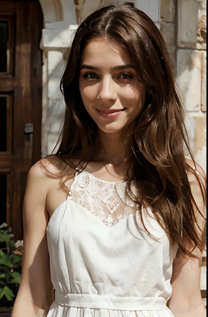 Spanish beauty, woman, freckles, very long hair, sweet, calm, impertinent, smiling, in an elegant lace white dresses