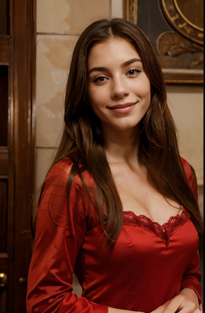 Spanish beauty, woman, freckles, very long hair, sweet, calm, impertinent, smiling, in a elegant red dresses