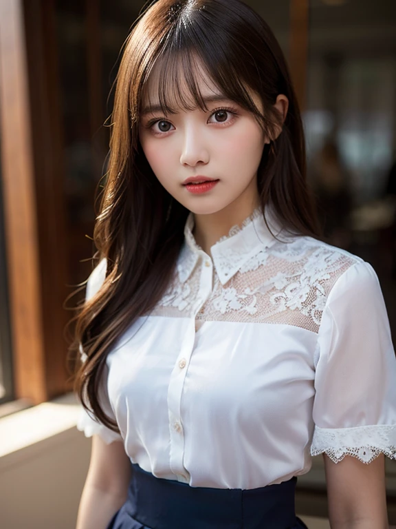 White Company、blouse with lace、(highest quality)), (Very detailed), ((Very detailed)), 4K, (8k), highest quality, alone,Kind Face、Soft Light、RAW quality、Heel