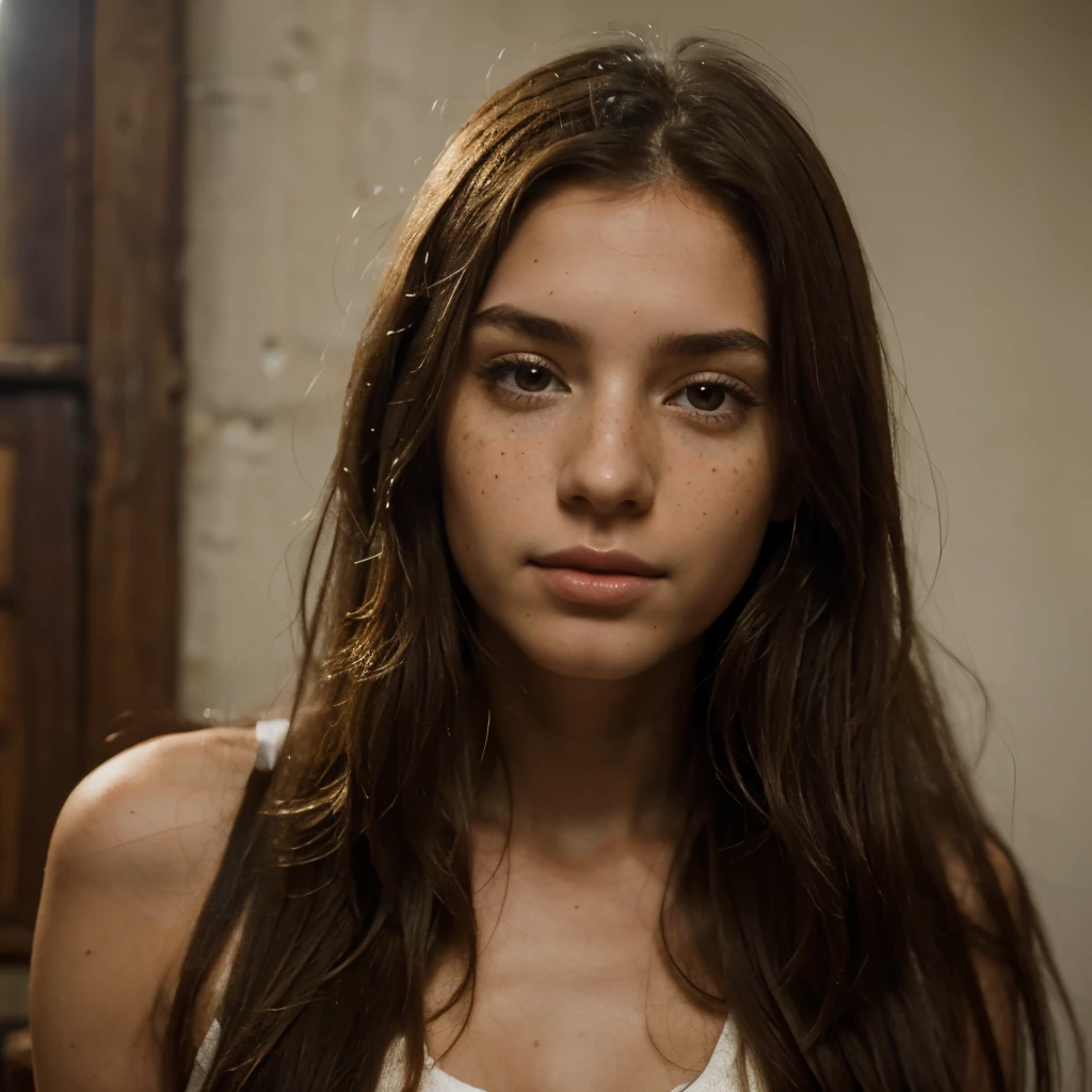 Spanish beauty, woman, freckles, very long hair, sweet, calm, impertinent