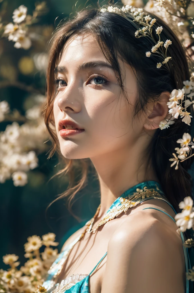 ( masterpiece, top quality, best quality,8k,17 years old girl,ultra detailed,raw photo:1.5),(photorealistic:1.4), (cinematic lighting), PerfectNwsjMajic, , Surrealism, UHD, ccurate, Super detail, textured skin, High detail, Best quality, dynamic angle, White skin,[Beautiful blue eyes], high nose,[flat chest:large breasts:0.5],(1girl),((good anatomy:0.5)),(covered in flowers:1.4), night sky, interested in, fire and ice, (The image is divided into two，Available in a variety of colors:2), eyes blues, sapphire, liquid metal, night sky, (Look at an angle:1.3), (fire and ice), ((Lower chrome)), (hairpin:1.4), (forest:1.3), (fog: 1.3),  Subtle colors and tones, mystical aura ,dreamy atmosphere,expressive brush strokes, mystical ambiance, Artistic interpretation, upper body, long hair