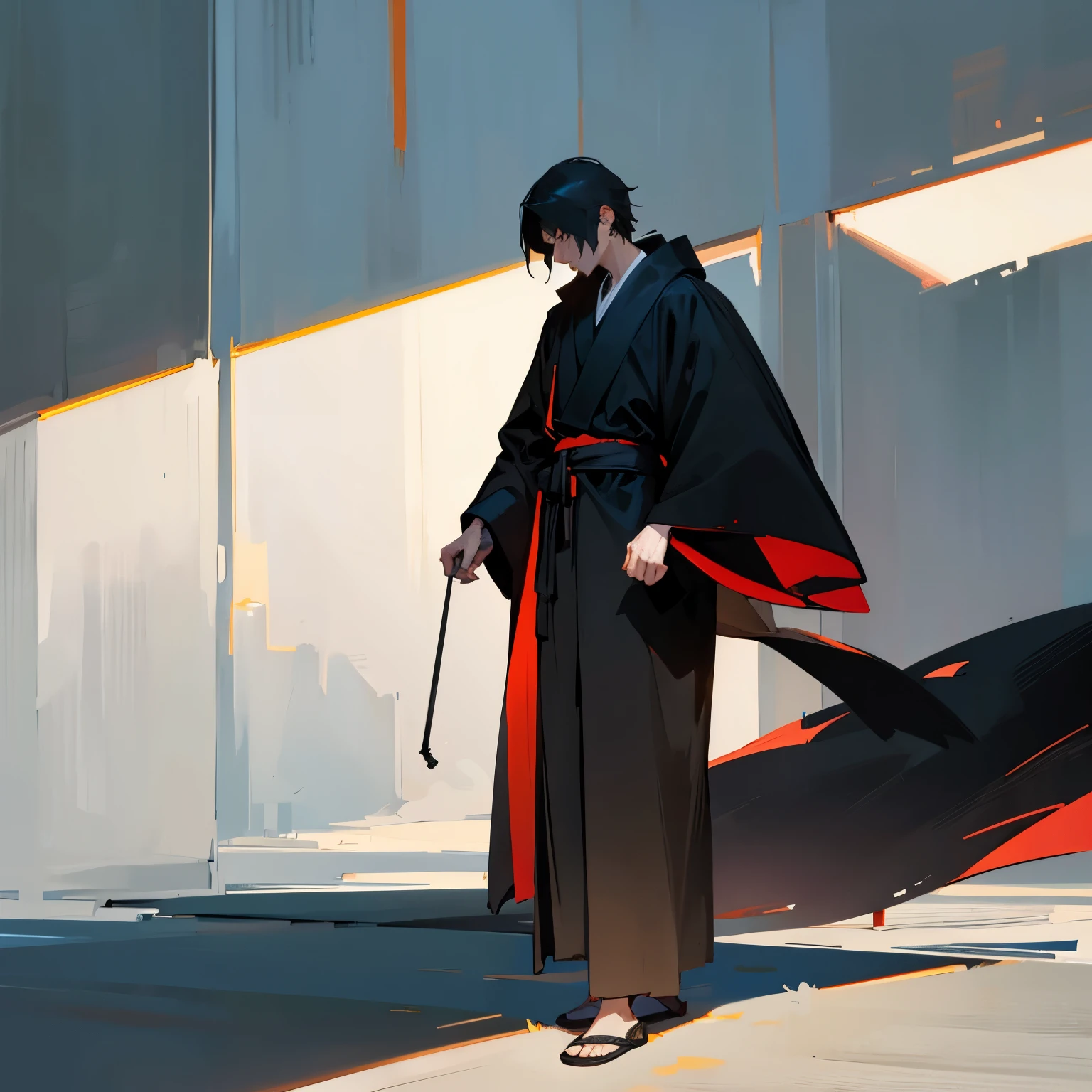 Black Robe、Shady man in a robe、Black Hair、Looking down、The face is hidden by the hood、Full body portrait