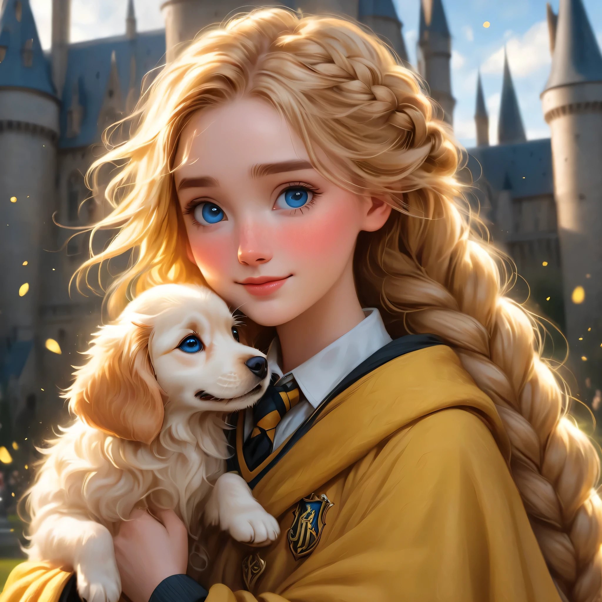 best quality, Masterpiece, Put on a Hufflepuff Hogwarts uniform.,Hufflepuff House, Wear a Hufflepuff cloak., (((braided hair))), golden blonde, serious, Very naughty, cute and bright, be happy, smile, Freckles on the face, detailed blue eyes, detailed face, Fine skin, soft light, mysterious, Worth discovering., soft shadow, detailed texture, dynamic light, Hug a Golden Retriever, Hogwarts background, Hogwarts Theme