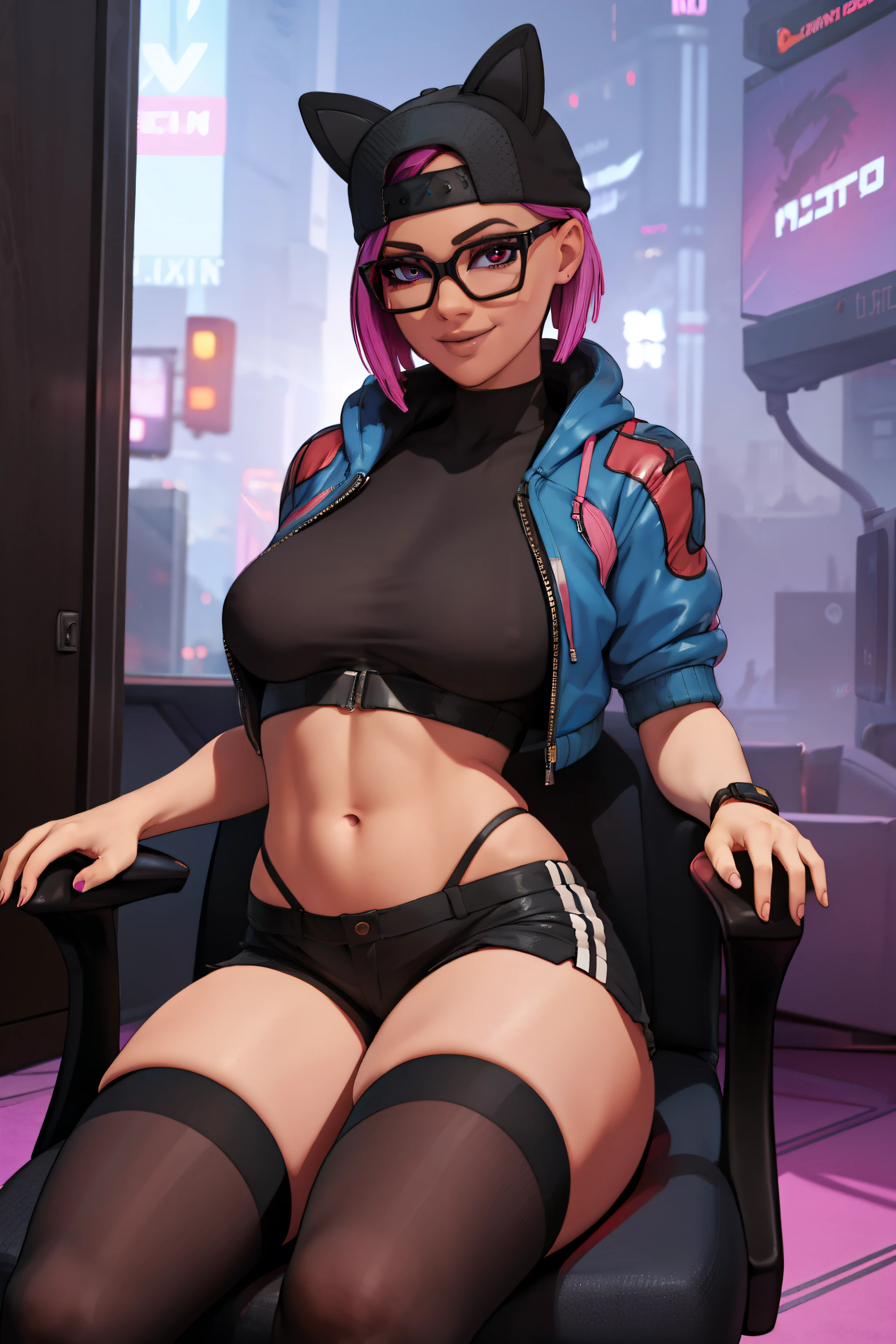 (masterpiece), (best quality),Gamer chair (solo), looking the viewer, cyberpunk, high detailed,extremely detailed,shorts,long White thigh high socks, jacket, fine eyes, smile,dynamic pose, short pink hair,cap,fingerless glove,glasses.