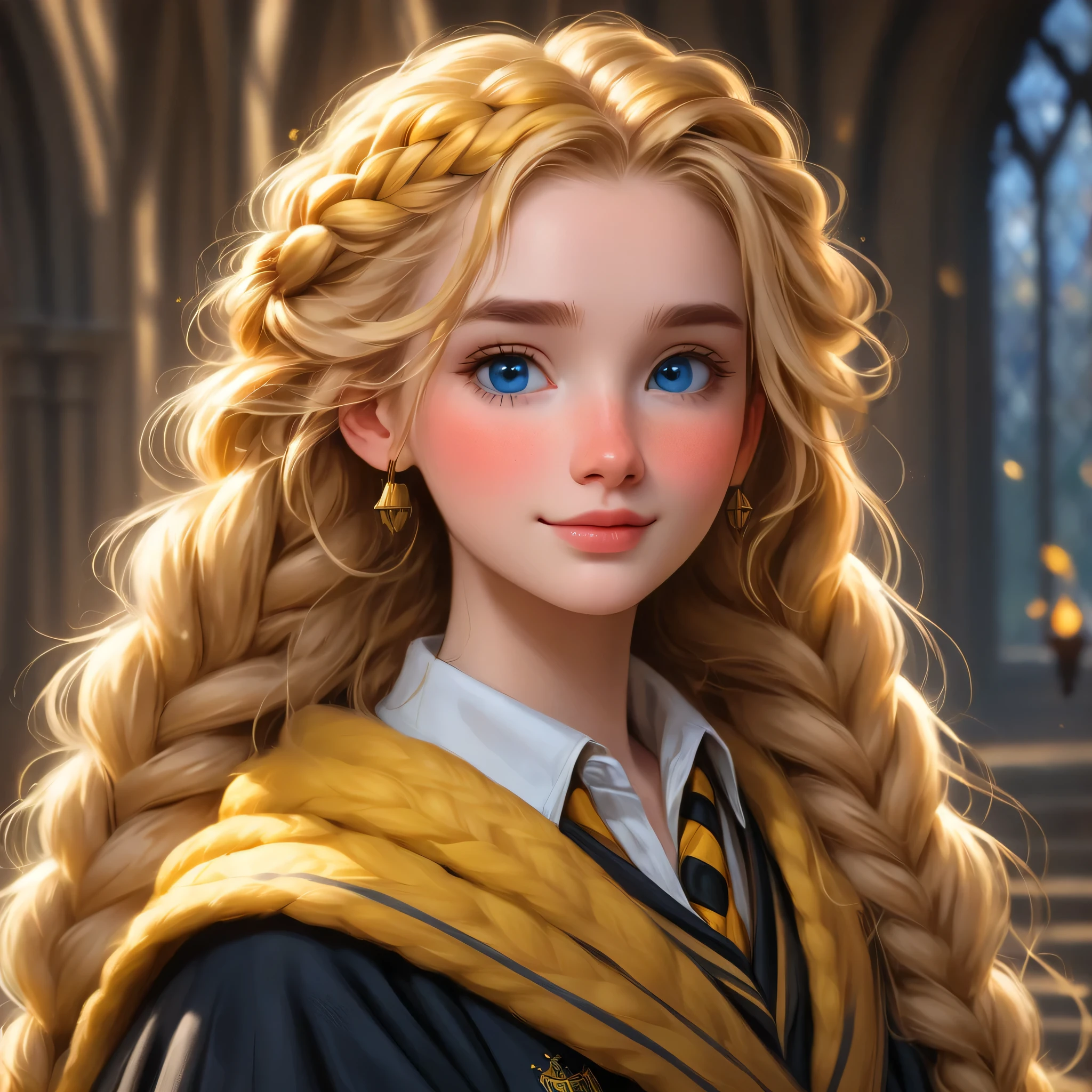 best quality, Masterpiece, Put on a Hufflepuff Hogwarts uniform.,Hufflepuff House, Wear a Hufflepuff cloak., (((braided hair))), golden blonde, serious, Very naughty, cute and bright, be happy, smile, Freckles on the face, detailed blue eyes, detailed face, Fine skin, soft light, mysterious, Worth discovering., soft shadow, detailed texture, dynamic light, Hug a Golden Retriever, Hogwarts background, Hogwarts Theme