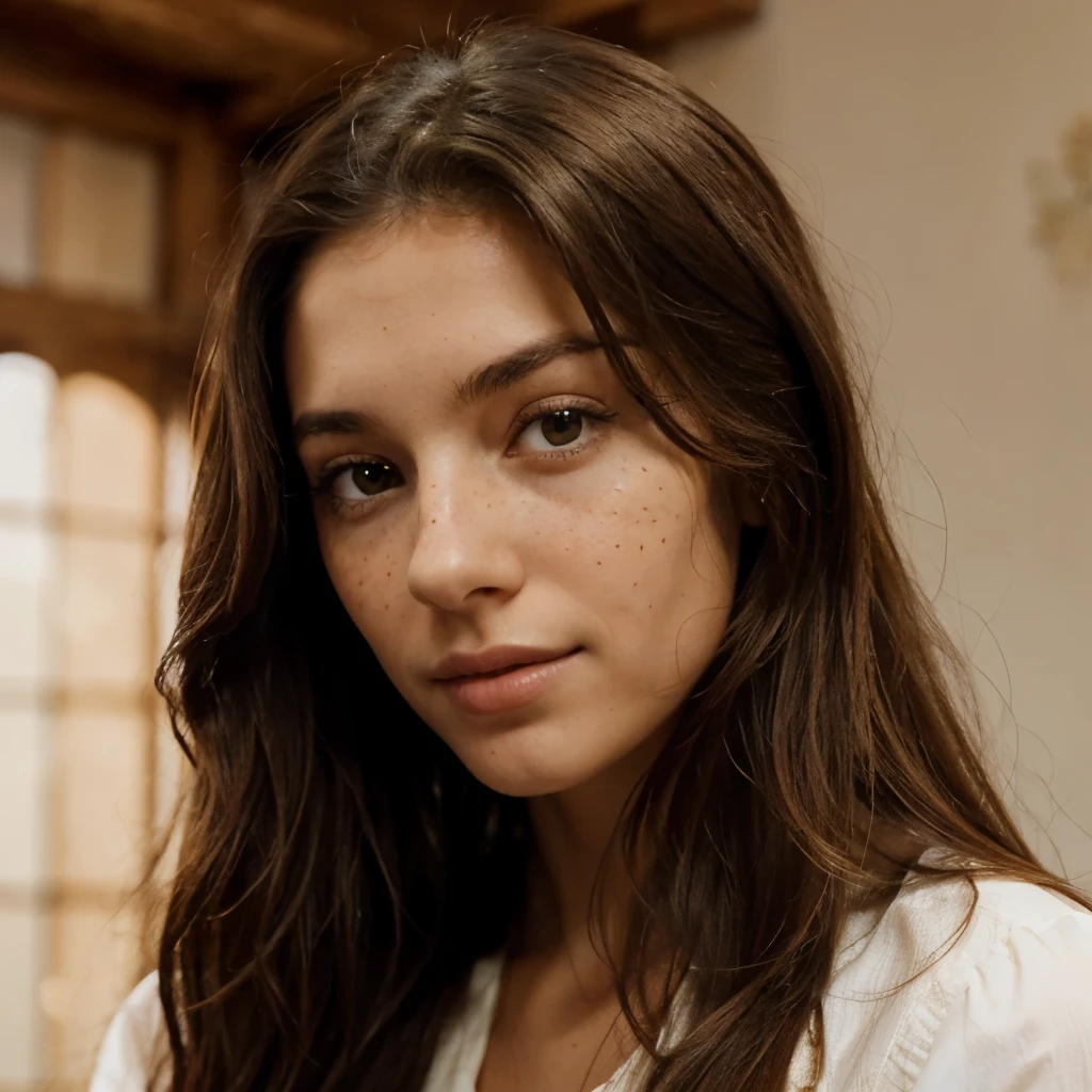 Spanish beauty, woman, freckles, very long hair, sweet, calm, impertinent