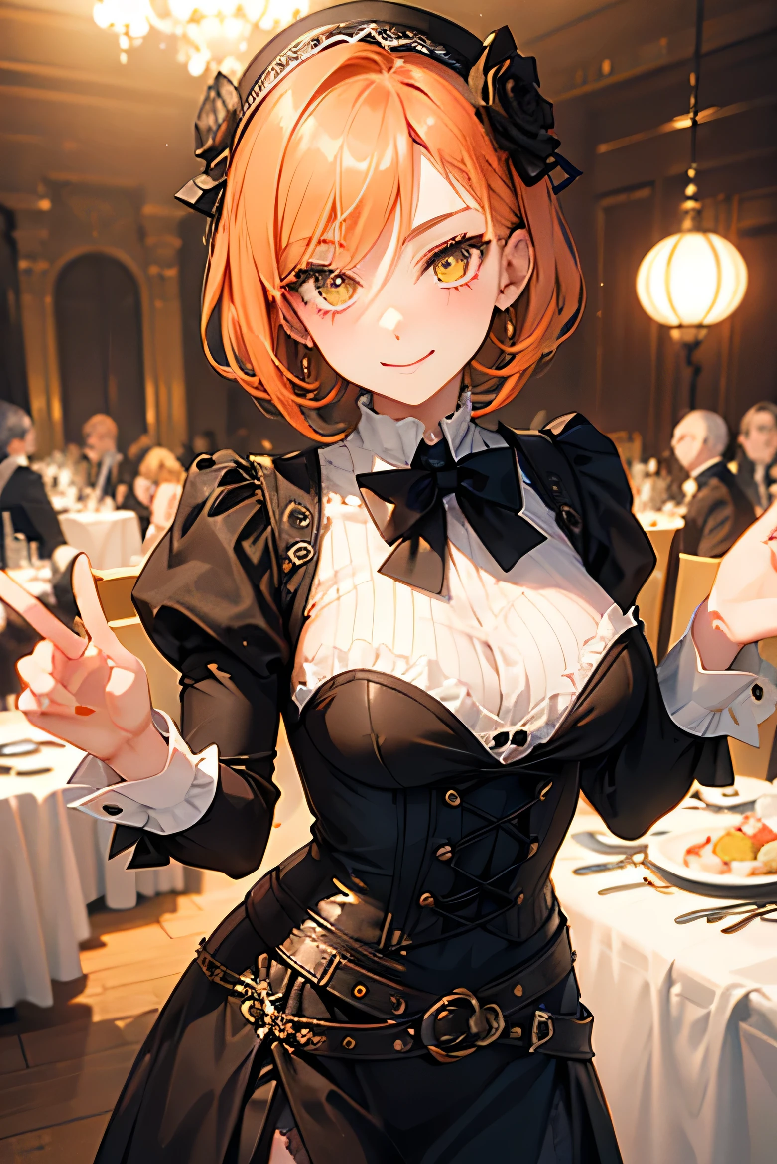masterpiece, highest quality, so beautiful、Latest、girl, Orange Hair, short hair, Yellow Eyes、Wicked Smile、Wicked Smile,Shining Eyes、Super cool adult woman in monochrome British aristocrat fantasy costume、Bold Pose、Open your hands、dance、Decoration、Nice、Chuunibyou is cool、Be confident々、steampunk、Black Butler、Sebastian Michaelis