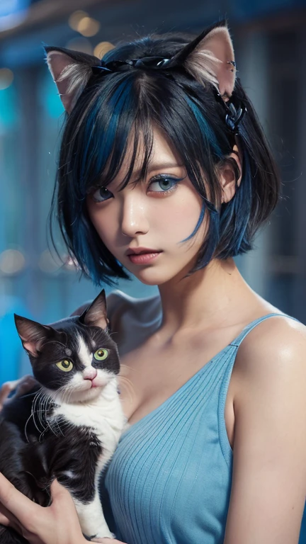 (Emo art:1.6)masterpiece, 4K, Bokeh, Beautiful Face, (Multiple Girls:1.4), Harem, (Group photo:1.2), (Cat ear:1.3), (blue medium bob hair:1.4), (Blue Theme:1.6), Looking at the audience, (Blue rose:1.4), (Blue cafe background:1.5), (Upper Body Shot:1.4)