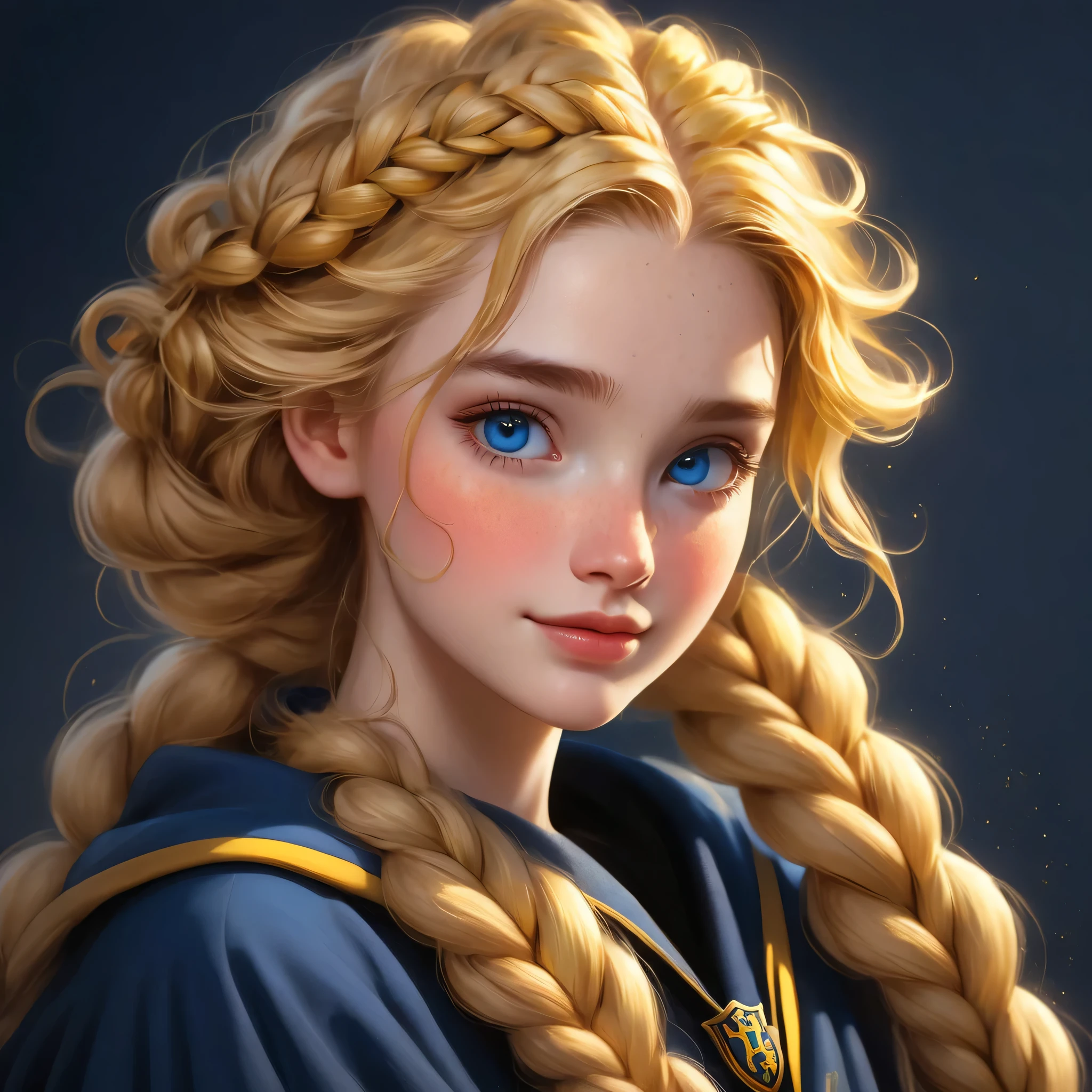 profile, best quality, Masterpiece, Hogwarts students,Hufflepuff House, yellow veil, (((braided hair))), golden blonde, serious, Very naughty, cute and bright, be happy, smile, Freckles on the face, detailed blue eyes, detailed face, Fine skin, soft light, mysterious, Worth discovering., soft shadow, detailed texture, dynamic light,