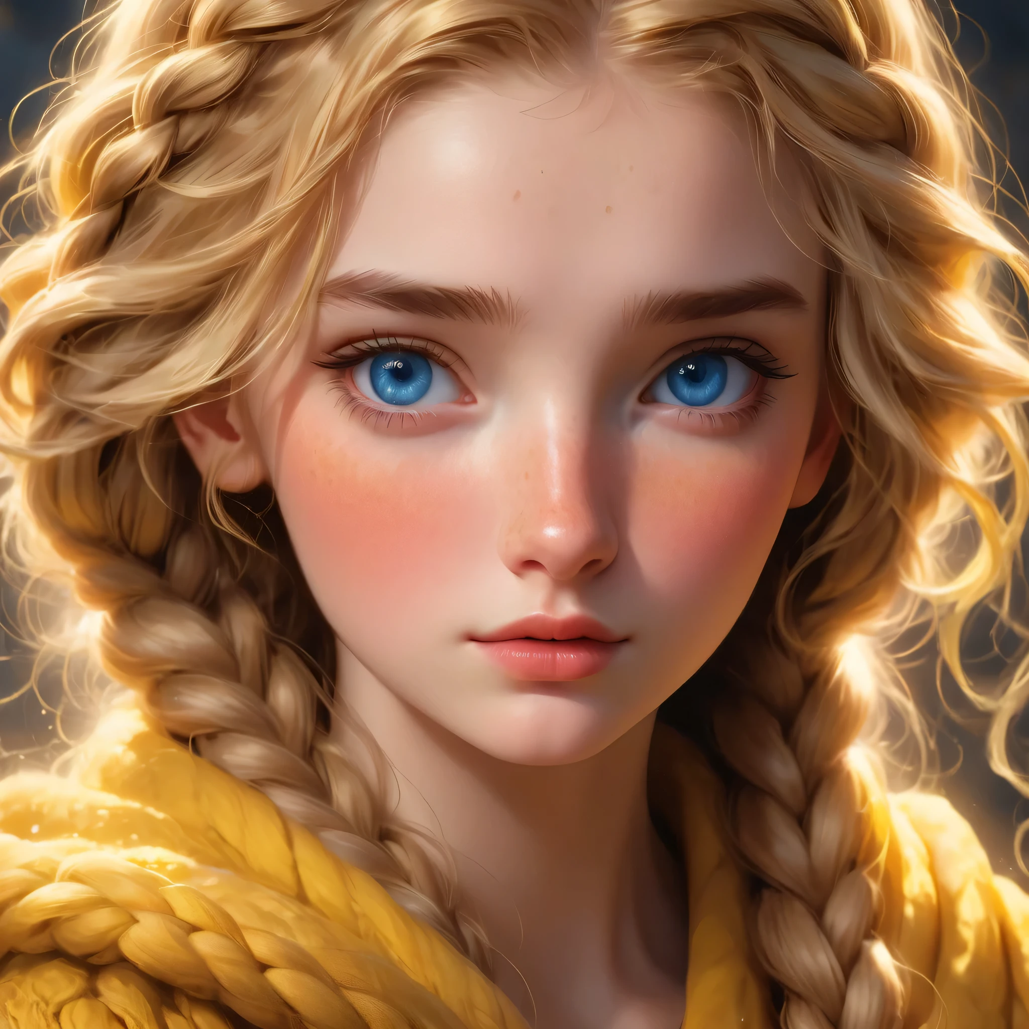 best quality, Masterpiece, Hogwarts students,Hufflepuff House, yellow veil, (((braided hair))), golden blonde, serious, Very naughty, cute and bright, be happy, Freckles on the face, detailed blue eyes, detailed face, Fine skin, soft light, mysterious, Worth discovering., soft shadow, detailed texture, dynamic light, 