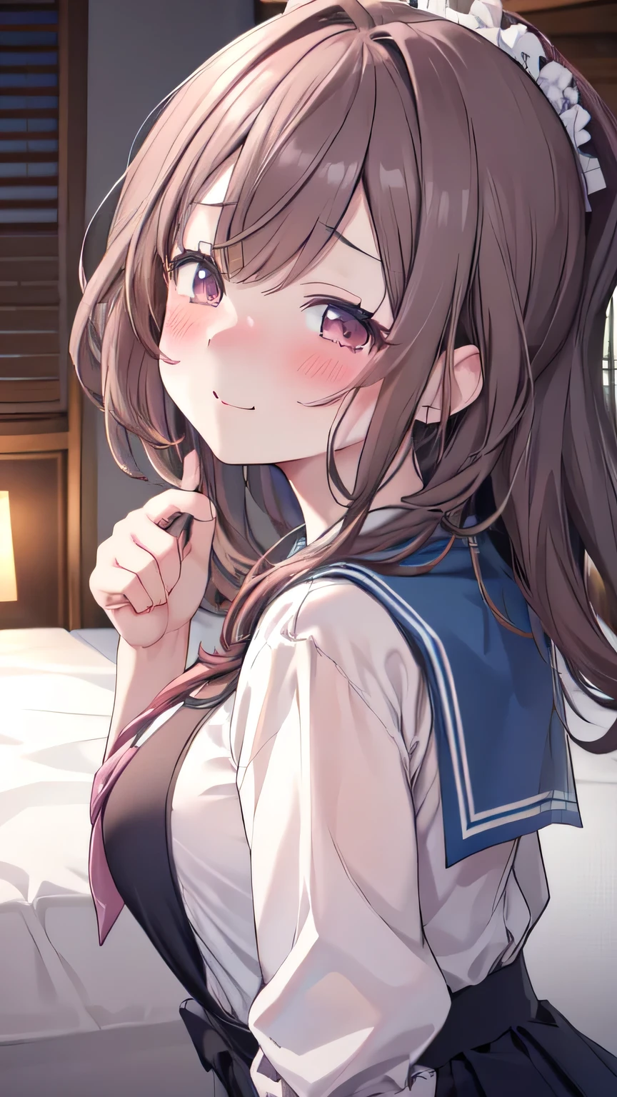 Very detailed、(8k, RAW Photos, highest quality, masterpiece:1.2), (Very detailed 8k wallpaper),shape、Professional Lighting,Sharp focus, Written boundary depth、
Browsing Caution、Clear Eyes、Perfect Anatomy、With a girl、、Cute girl、、15 years old、erafuku 、(blush:1.5)、bed