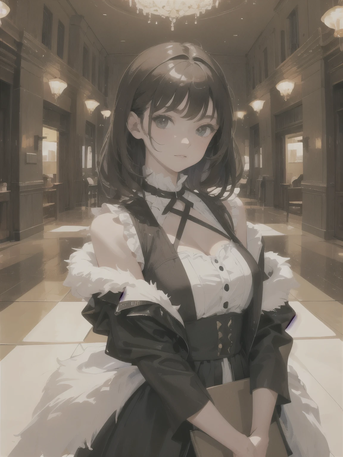 ((masterpiece, best quality)), (1 woman), (alone), (women&#39;s focus), (Ahoge, gray hair, Short hair), black eye, ((white shirt), (Button shirt)), ((black skirt), (short skirt)), standing, white background, arms back,