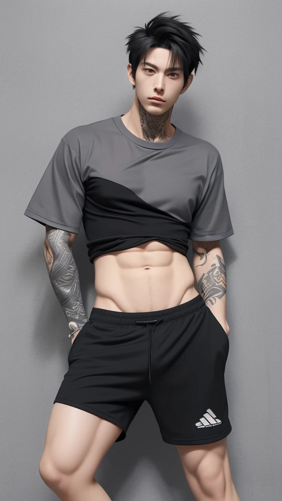 handsome anime man in gray shirt, black tatooes, sporty shorts, provokative sexy pose