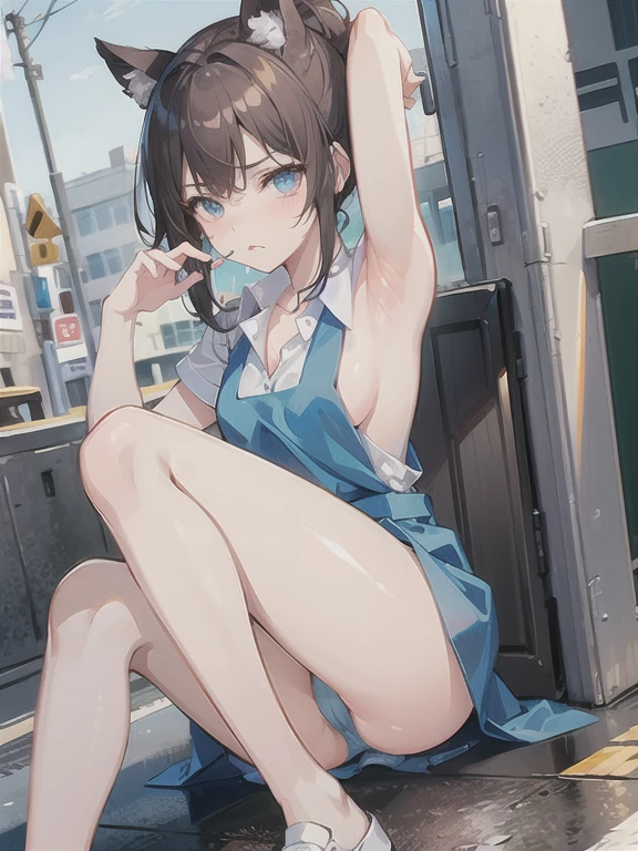 girl with pretty face, hair tied in ponytail,  black or brown hair,  white shirt, blue pinafore, uniform, school logo,  flat chest, cleavage showing through her unbuttoned shirt, seductive face, frown, winking face, detailed armpit, legs spread wide, small , fully unbuttoned white shirt, opened shirt, panties pulled down to knee, show ass, middle of the street, in public, outside, armpits getting licked, armpit licking, small , blue panties 