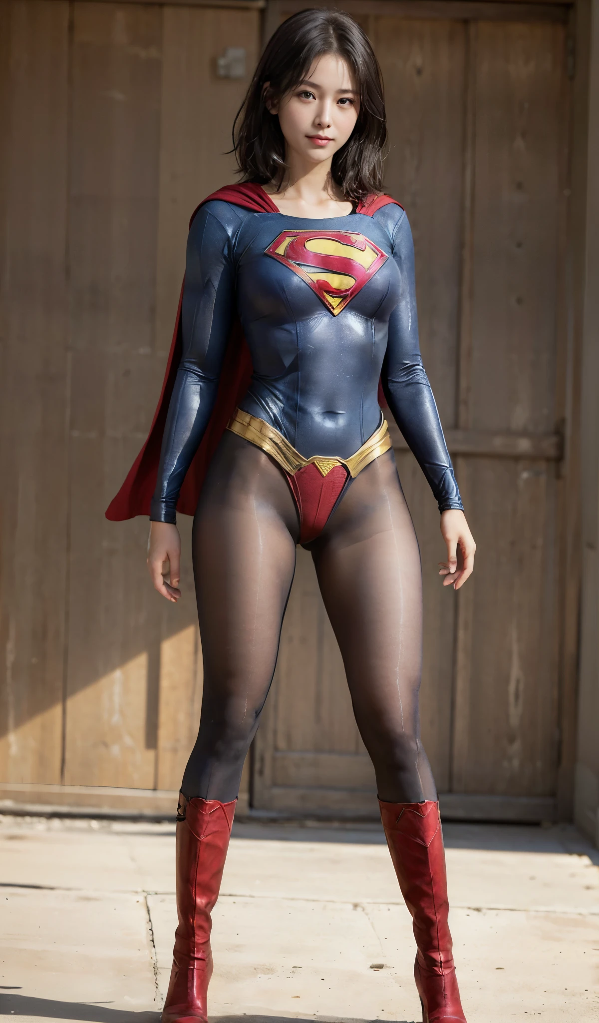 No background、(((Improve your style)))、(((Model Body Type)))、(((Beautiful legs in black tights.)))、(((Legally express the beauty of your smile)))、((((Make the most of your original images)))、(((Supergirl Costume)))、(((A form-fitting Supergirl costume)))、(((Beautiful short bob hair)))、(((suffering)))、(((Please wear black tights....、Wear red boots)))、((Best image quality、8k))、((highest quality、8k、masterpiece:1.3))、(((Preserve background )))、Sharp focus:1.2、Beautiful woman with perfect figure:1.4、Slim Abs:1.2、Wet body:1.5、Highly detailed face and skin texture、8k