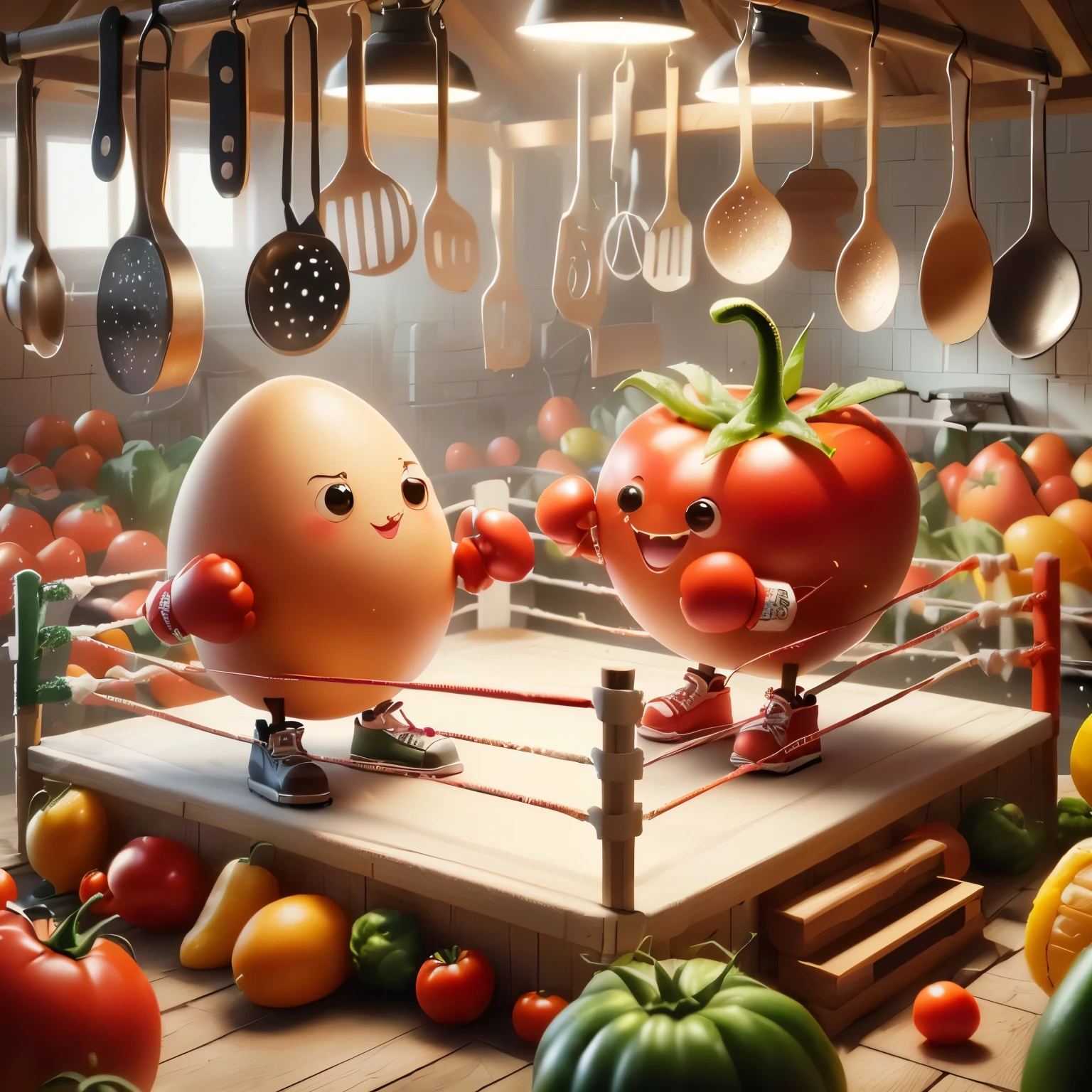There are two eggs in a boxing ring surrounded by vegetables., Food advertisements 4ก, Amazing food illustrations, Epic 3D illustrations, Very realistic food pictures, Lovely 3D rendering, In the style of Kirill Kotachev, Funny illustrations, Vray และ Arnold, Tomato Monster, funny illustrations, Pixar Renderman Render, cute digital paintings, Cute detailed digital art.