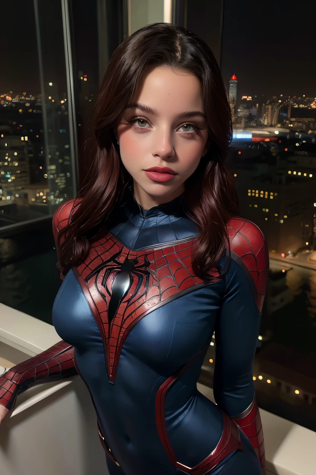 buliminosa, bien dotada. traje azul y rojo de spider man. emilia mernes en metropolis, de noche. en un super edificio alto, con traje de super heroe, spider woman
