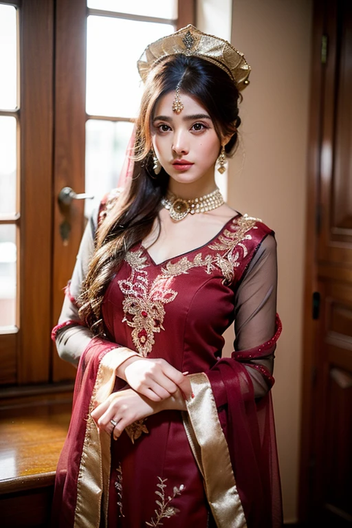 photography of a 20yo woman, perfect face, masterpiece, red traditional fancy pakistani frock with dupatta on head