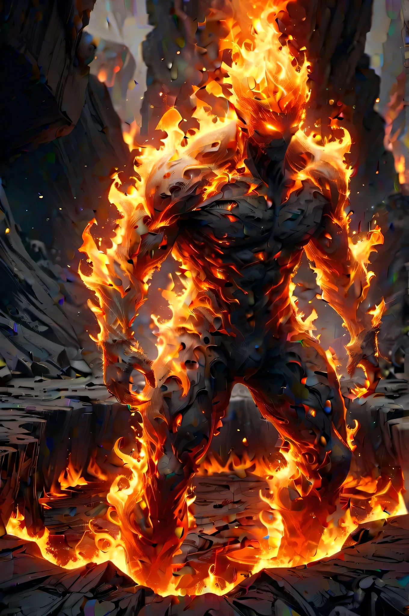 Fire elemental emerging from wasteland lava pit, Climbing posture, movie shot (masterpiece:1.2), best quality, (Ultra Detailed, The most detailed:1.2), High resolution textures