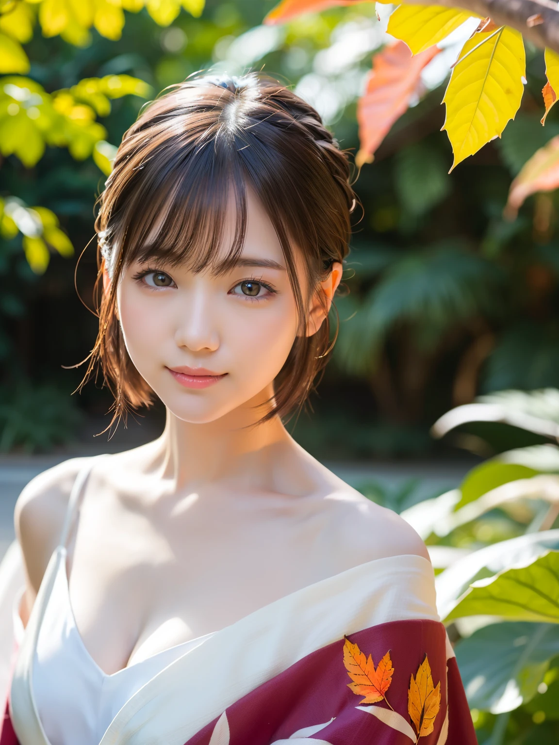 (highest quality:1.5)、(Real:1.5)、(1 person:1.5)、Medium Shot、(Very detailed)、(High resolution)、8k、Normal milk、Natural color lip、Cute smile、Japanese women、20 year old girl、Thin eyebrows、Beautiful and elegant face、Cute face、Cute eyes、Big eyes、Big Eyes、Fair skin、Beautiful and elegant face、Natural Bangs、Beautiful and thin nose、 Beautiful Skin、Medium Bob Hair、Natural Bangs、Perfect and beautiful facial features、Slim face and figure、（Bright lighting）、Professional Lighting、（Lighting from the front）、Outdoor、Beautiful cleavage、Autumn leaves landscape、1 personの少女、Cute and sexy slim 24 year old woman、Fair skin、Autumn leaves fluttering、(A dreamy look、Totally captivates you)、(Off-the-shoulder kimono)、(Normal milk)、(Calm pose)、